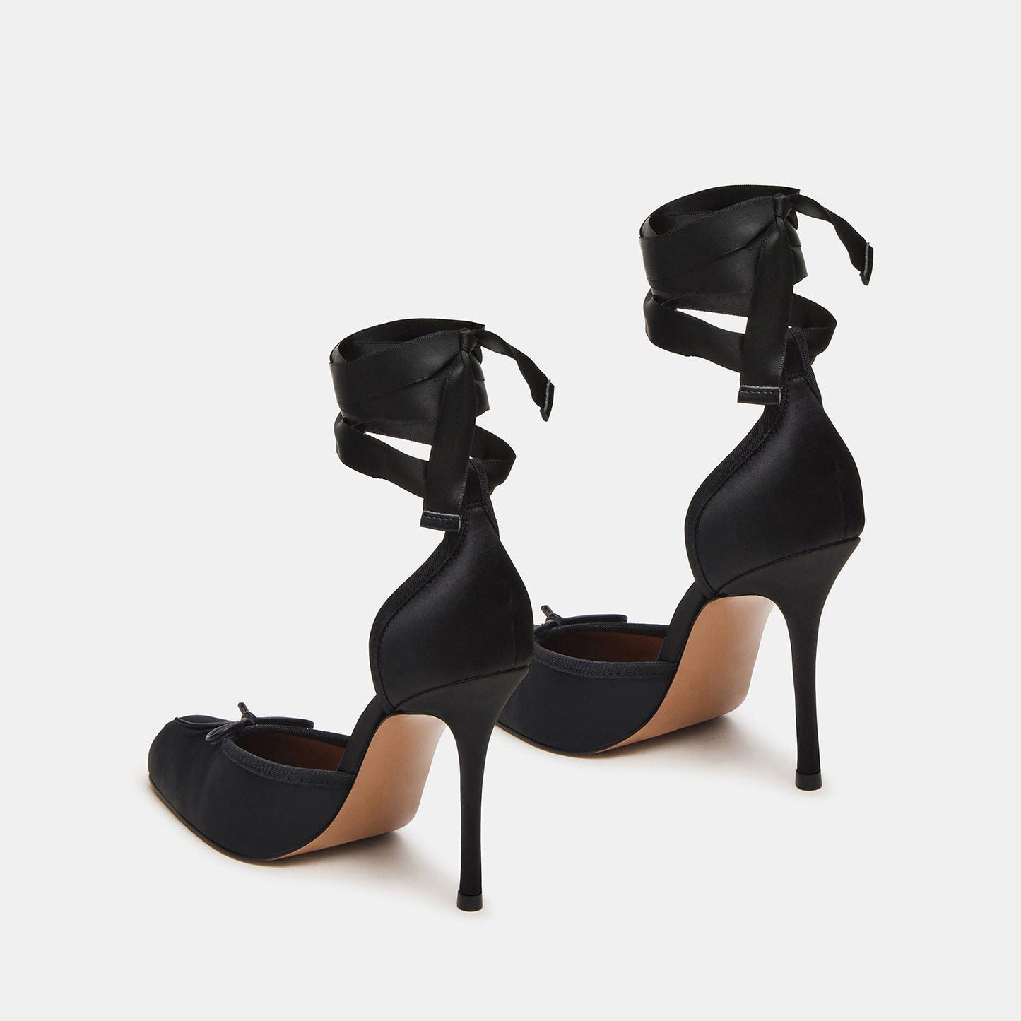 Black Satin Square-Toe Front Bow Ankle Strap Slip-On High Heels