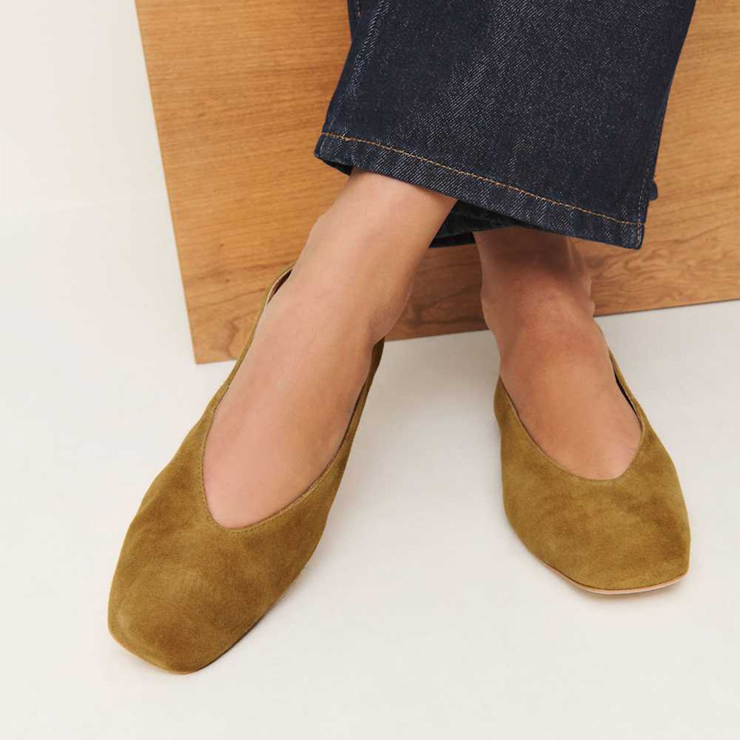 Tan Faux Suede Square-Toe Classic Ballet Slip-On Flats