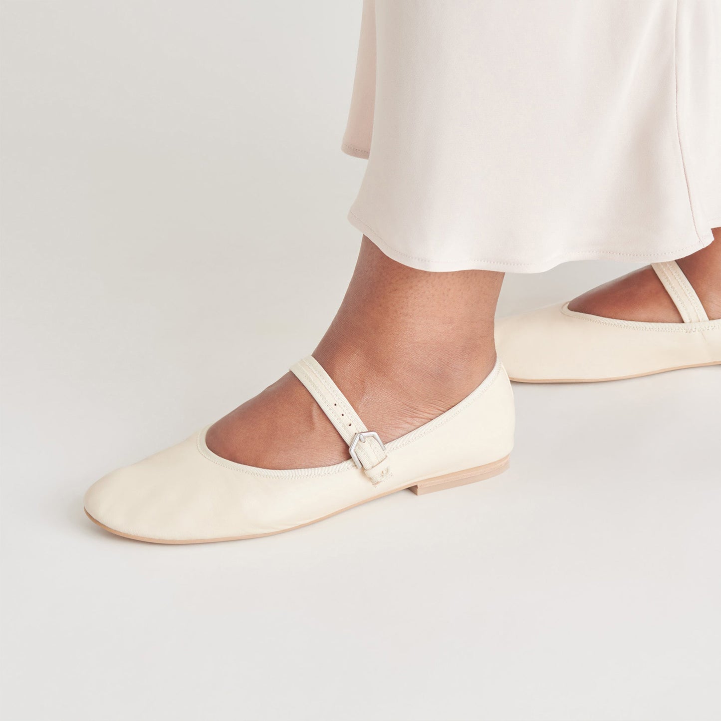 Cream Vegan Leather Round-Toe Bridge Strap Ballet Flats