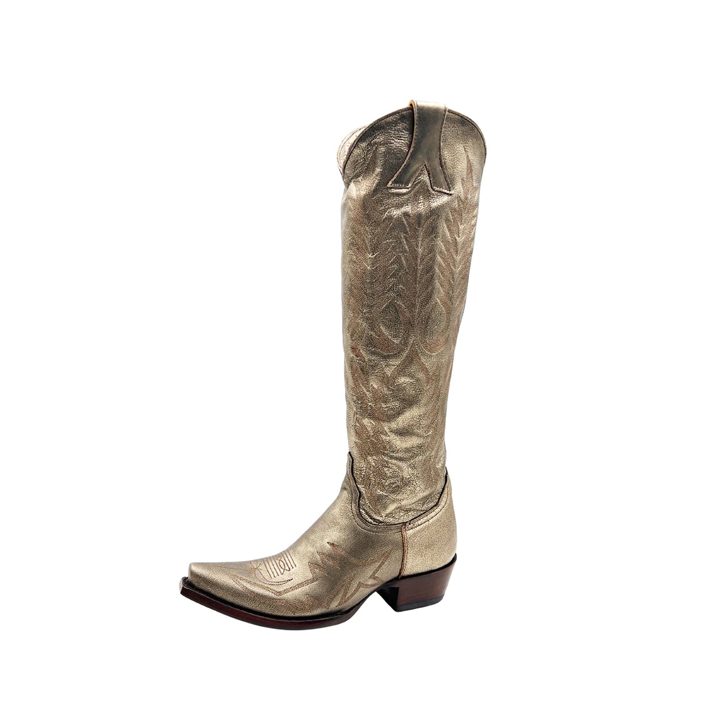 Metallic Gold Snip-Toe Embroidery Half-Zip Knee High Cowgirl Boots