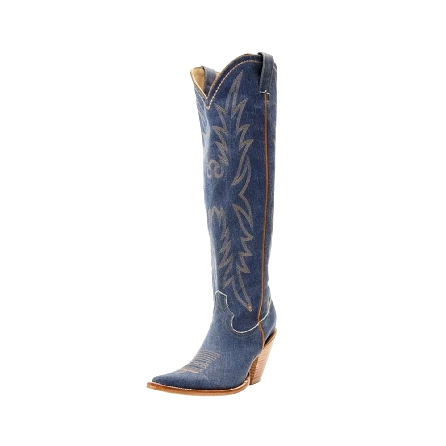 Blue Denim Snip-Toe Half-Zip Embroidery Knee High Cowgirl Boots