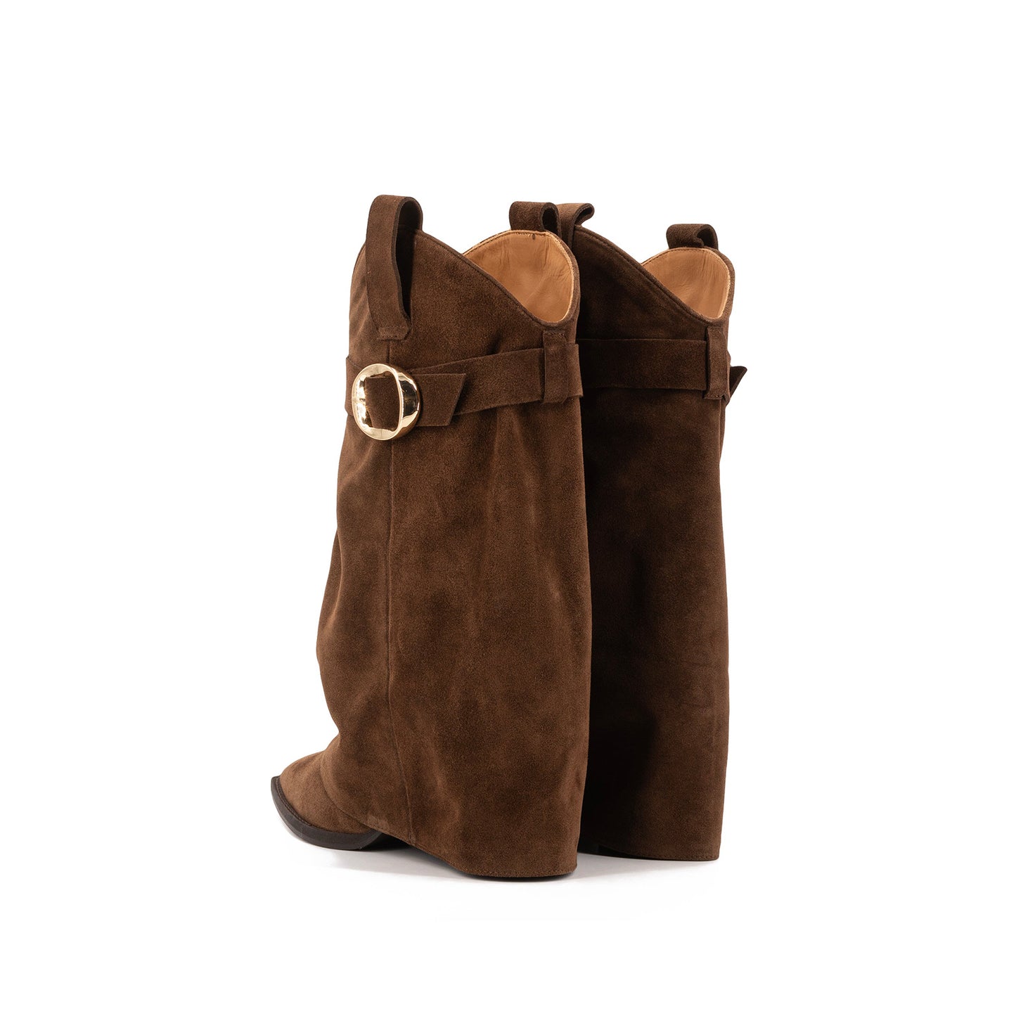 Brown Faux Suede Pointed-Toe Fold-Over Shaft Buckle Mid Calf Cowgirl Boots