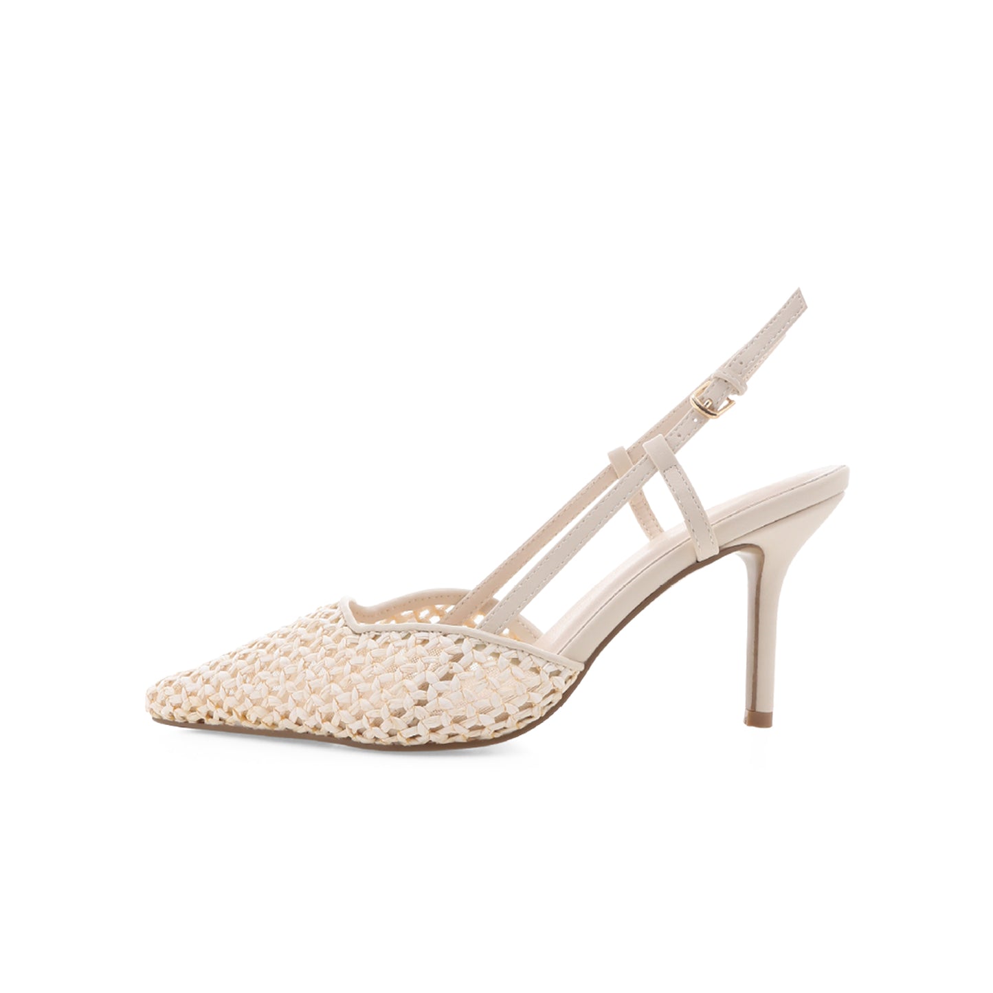 Cream Specially Woven Pointed-Toe Slingback High Heels