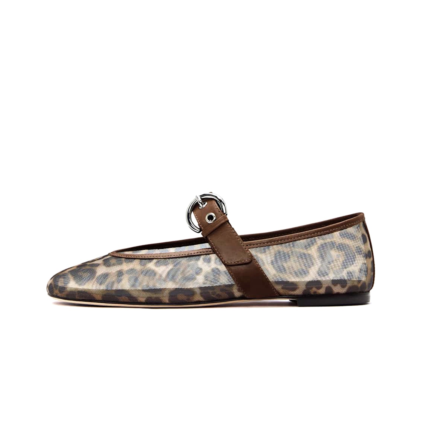 Leopard Mesh Square-Toe Classic Buckle Bridge Strap Ballet Flats