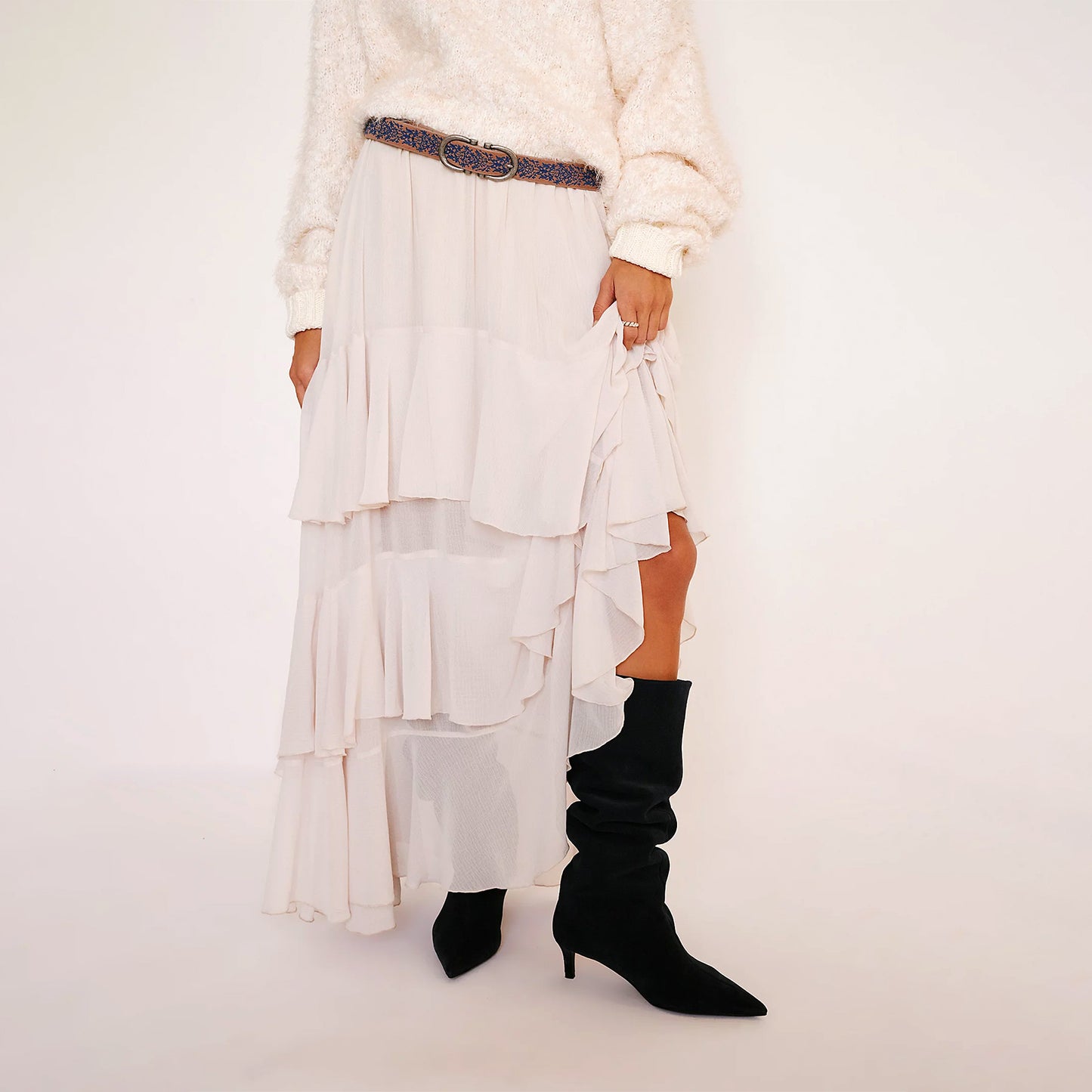 Navy Blue Faux Suede Pointed-Toe Wide Calf Knee High Stiletto Boots