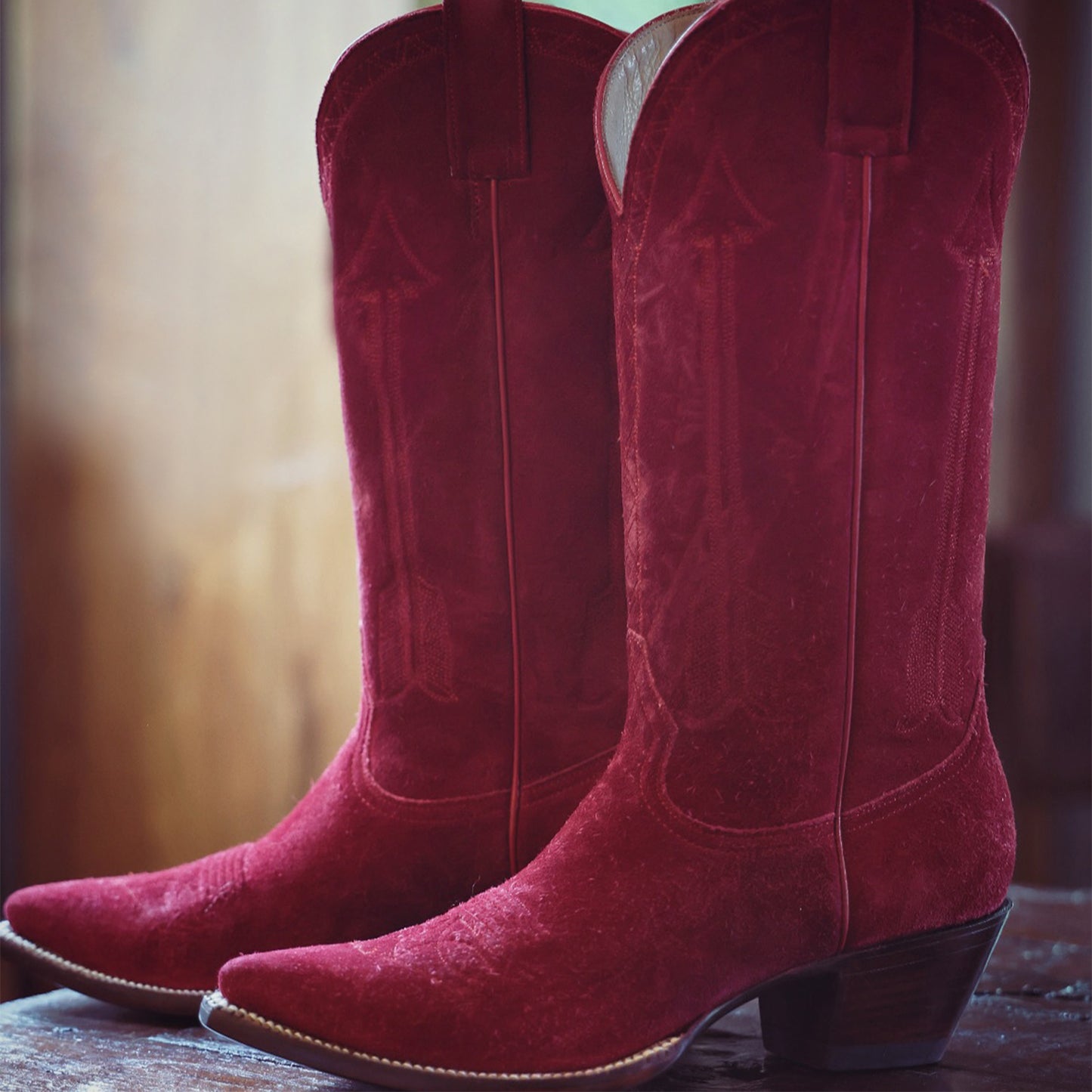 Red Faux Suede Snip-Toe Arrow Embroidery Mid Calf Cowgirl Boots