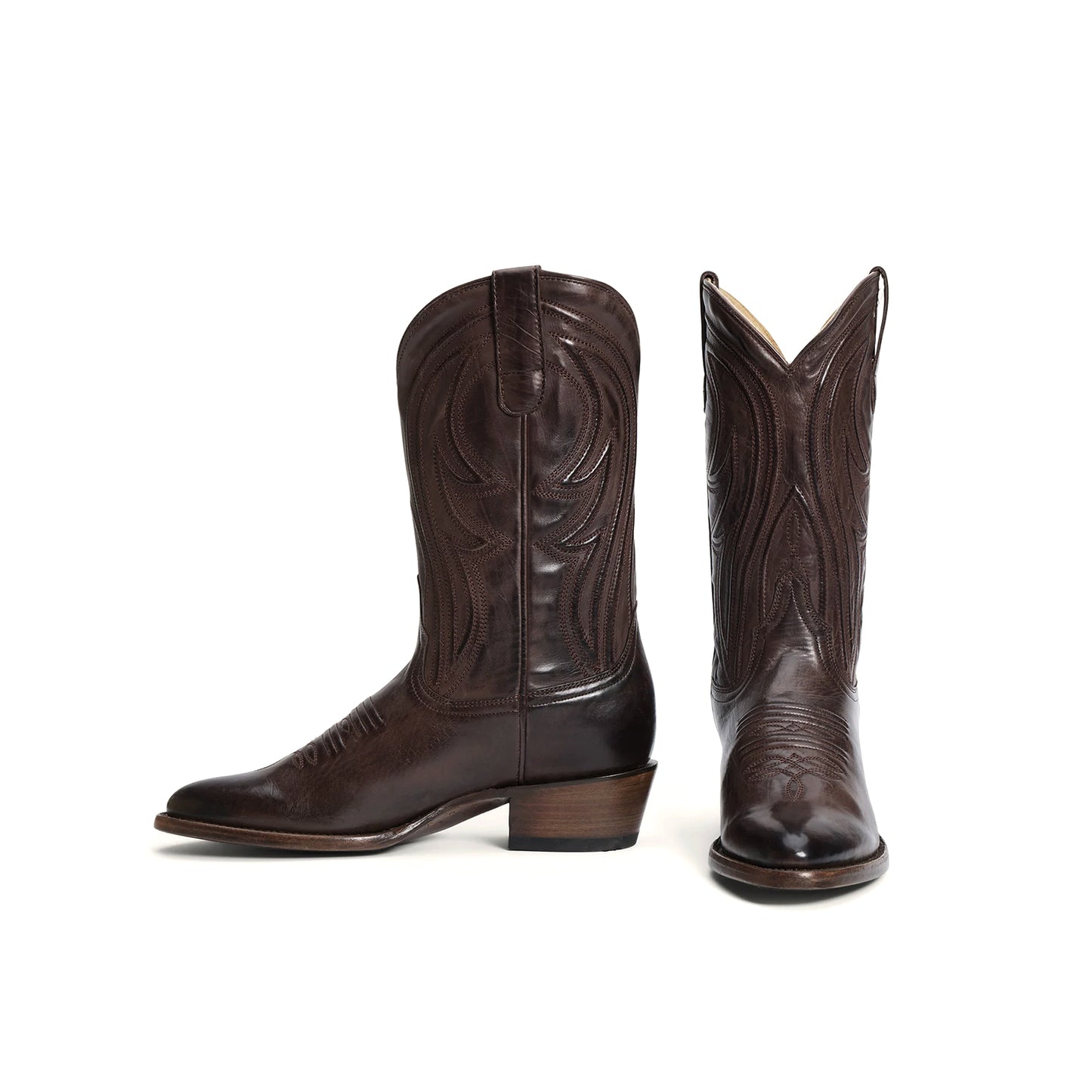 Chocolate Almond-Toe Embroidery Classic Mid Calf Cowgirl Boots