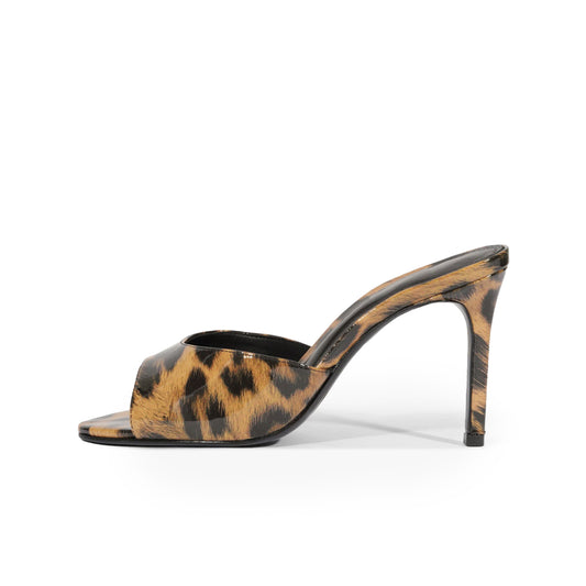 Patent Leopard Round-Toe Slip-On Sandal High Heels