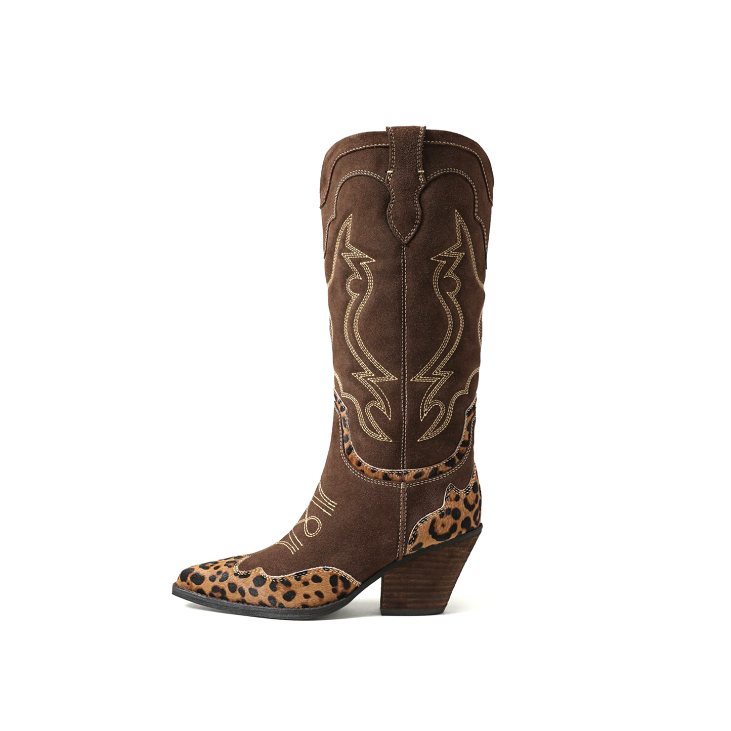 Contrast Brown And Leopard Pointed-Toe Embroidery Wide Calf Knee High Cowgirl Boots