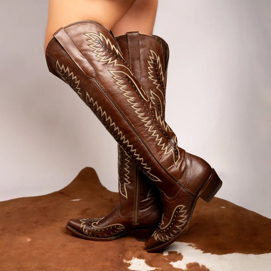 Red Snip-Toe Wings Embroidery Studded Half-Zip Knee High Cowgirl Boots