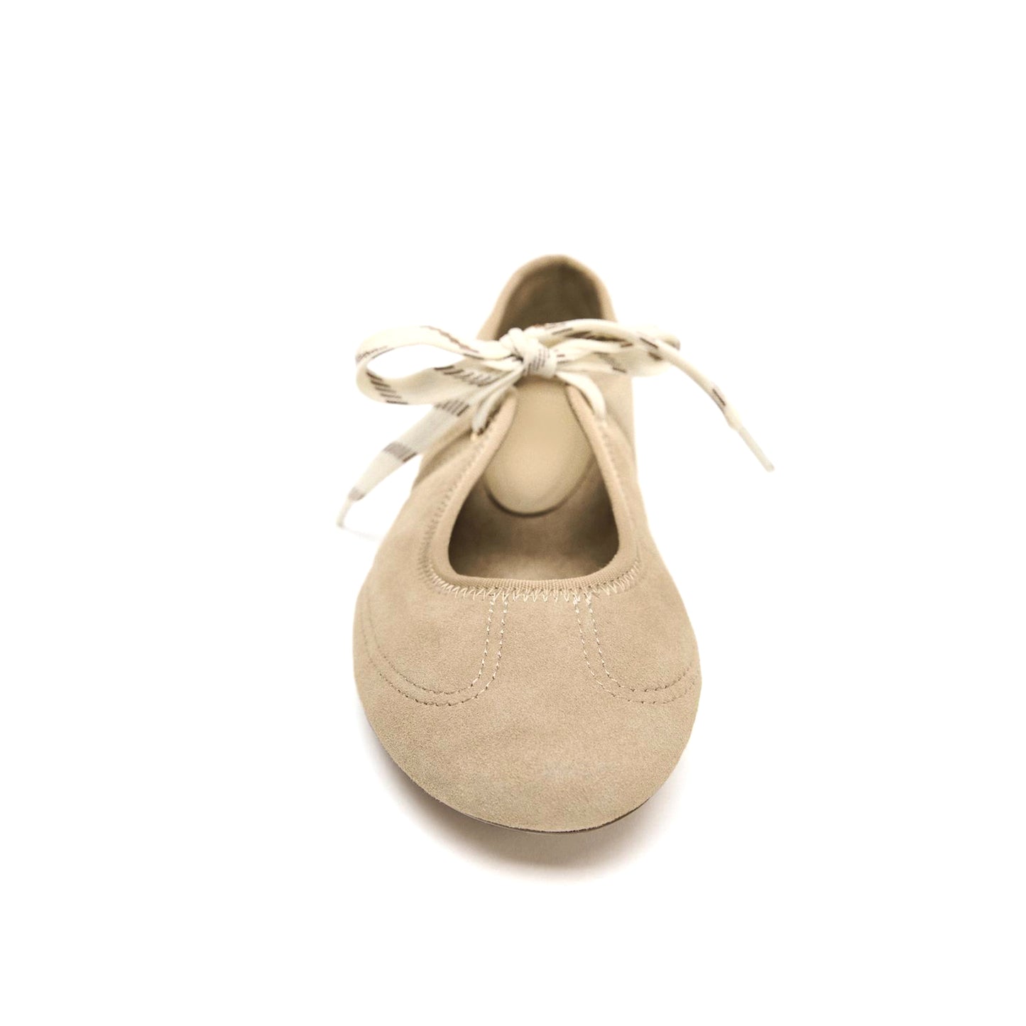 Sandy Brown Faux Suede Round-Toe Lace-up Closure Contrast Stitching Ballet Flats
