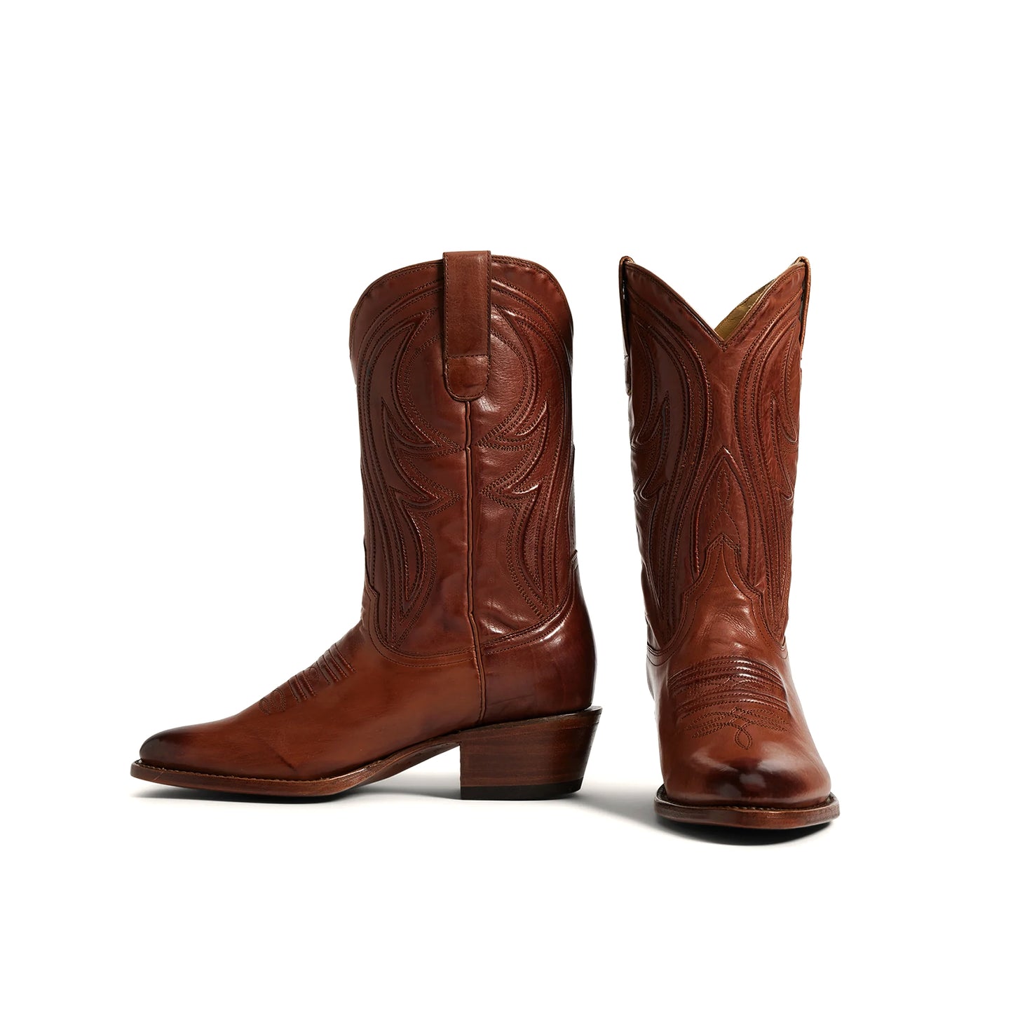 Brown Almond-Toe Embroidery Classic Mid Calf Cowgirl Boots