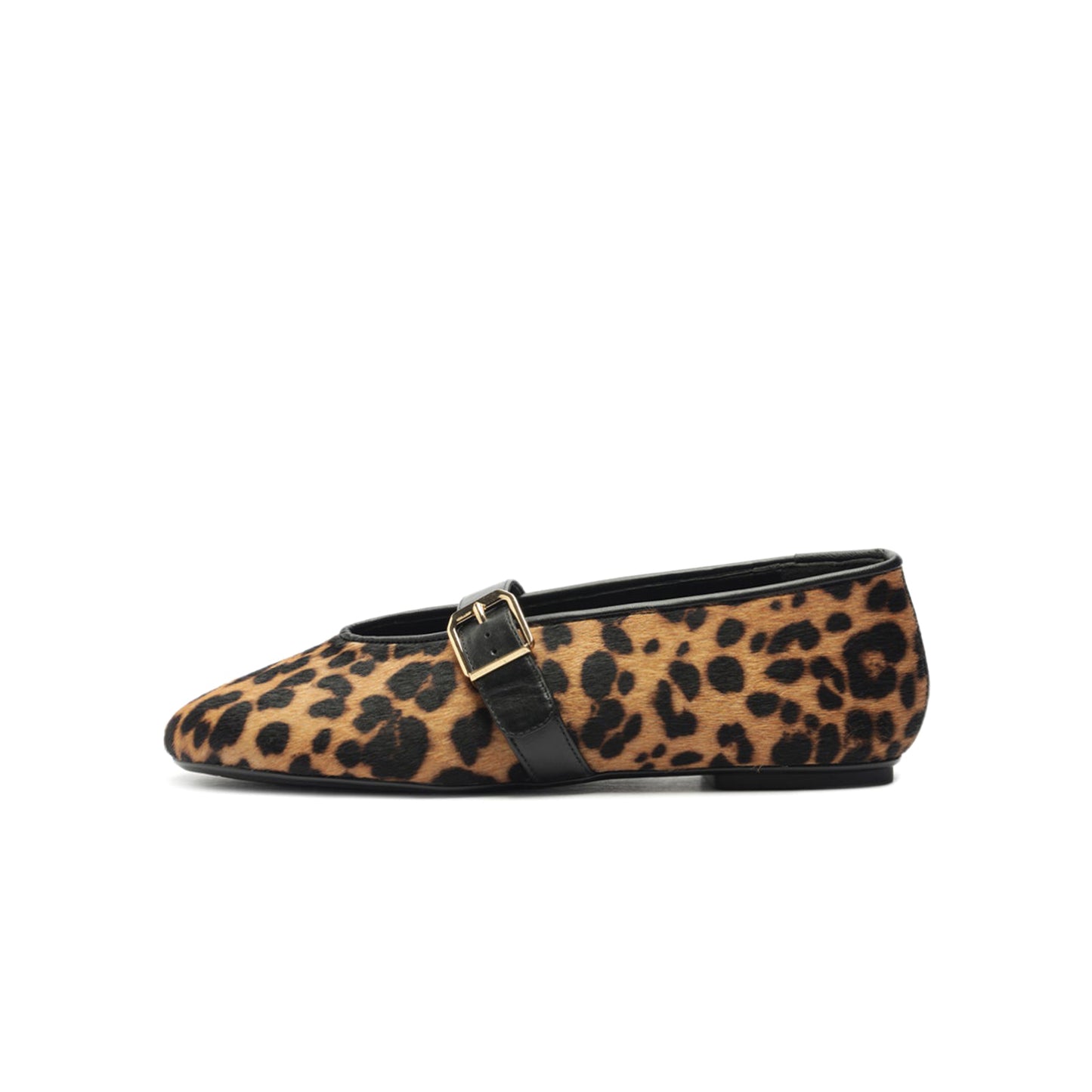 Leopard Pony Hair Round-Toe Bridge Strap Buckle Flats
