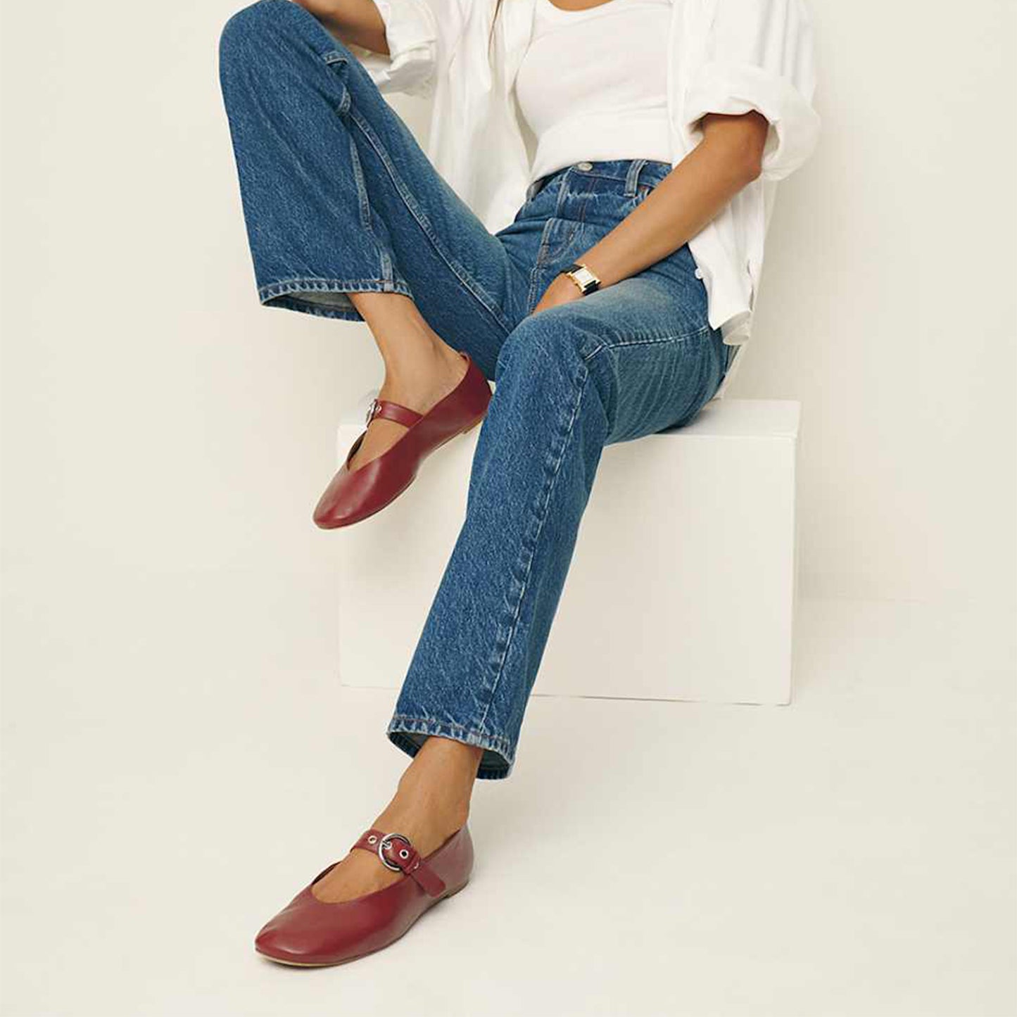 Brick Red Square-Toe Classic Buckle Bridge Strap Ballet Flats