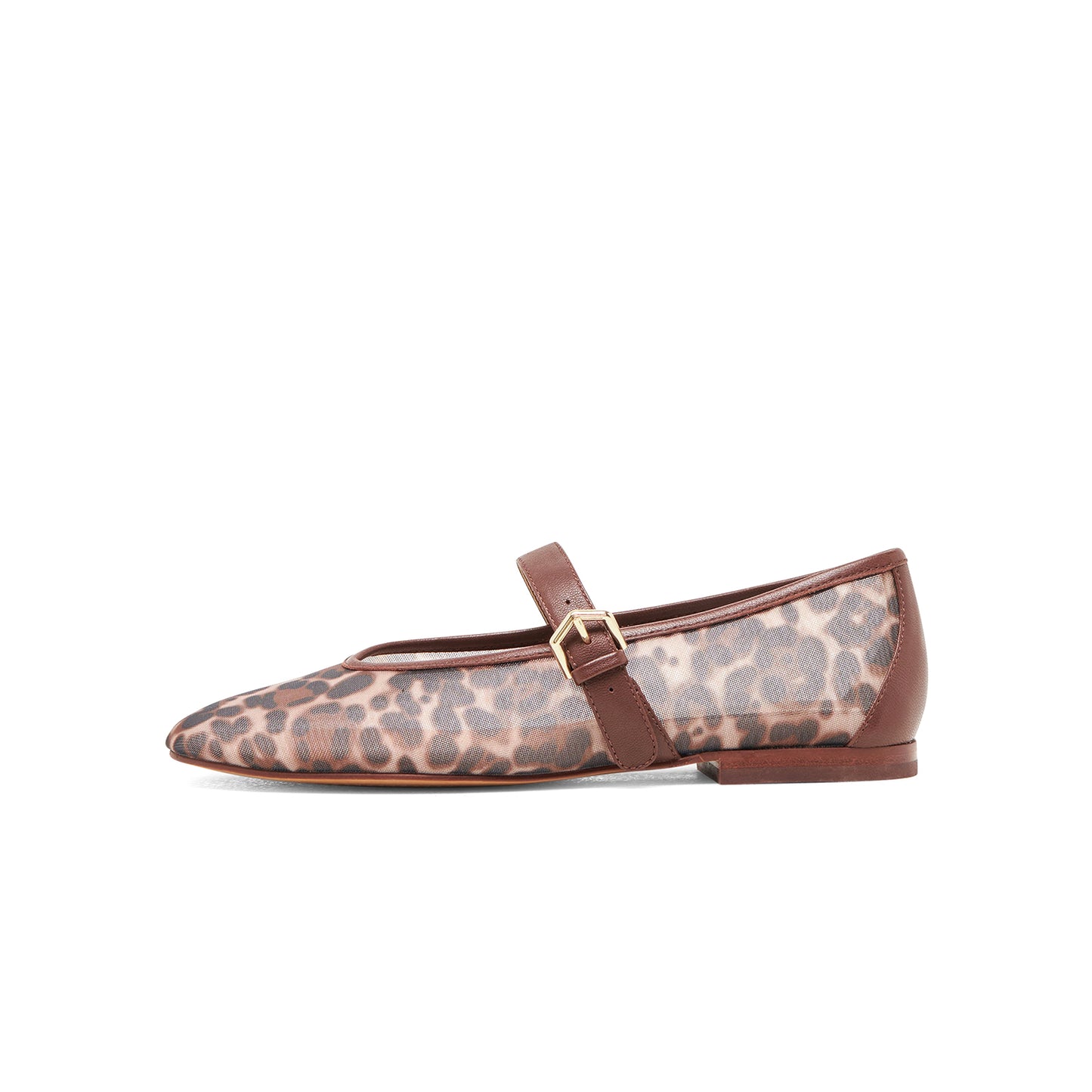 Leopard Mesh Round-Toe Vegan Leather Bridge Strap Ballet Flats