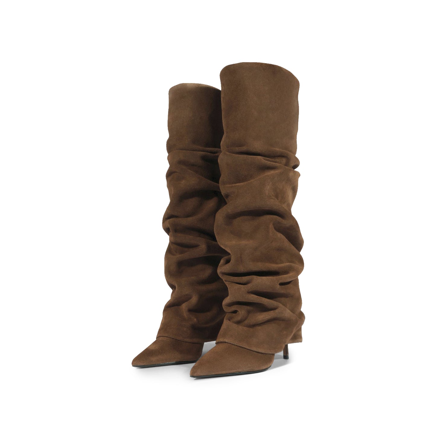 Brown Faux Suede Pointed-Toe Tall Fold-Over Wide Calf Knee High Stiletto Boots