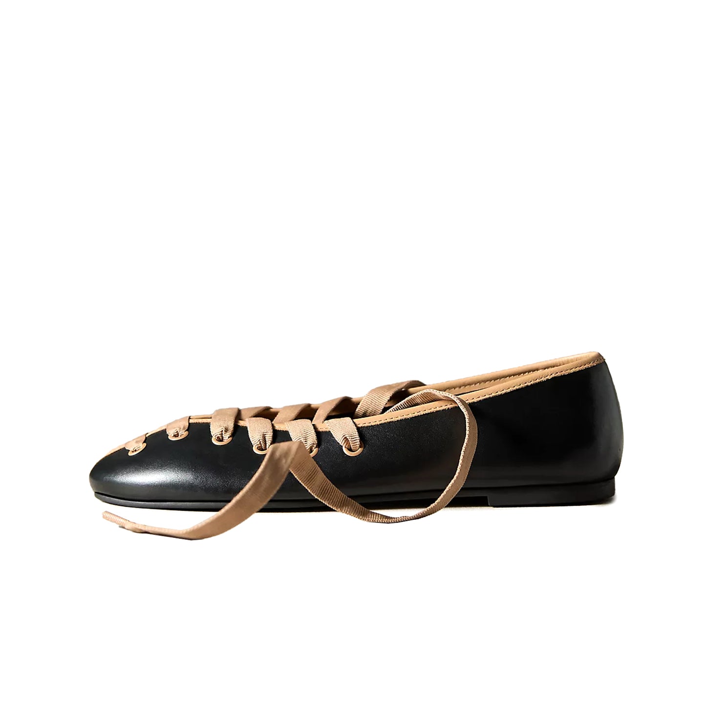 Black Round-Toe Brown Lace-Up Ballet Flats