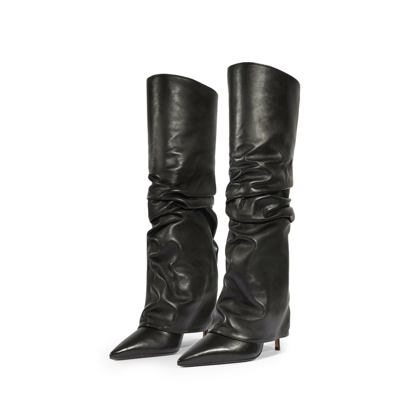 Black Pointed-Toe Tall Fold-Over Wide Calf Knee High Stiletto Boots
