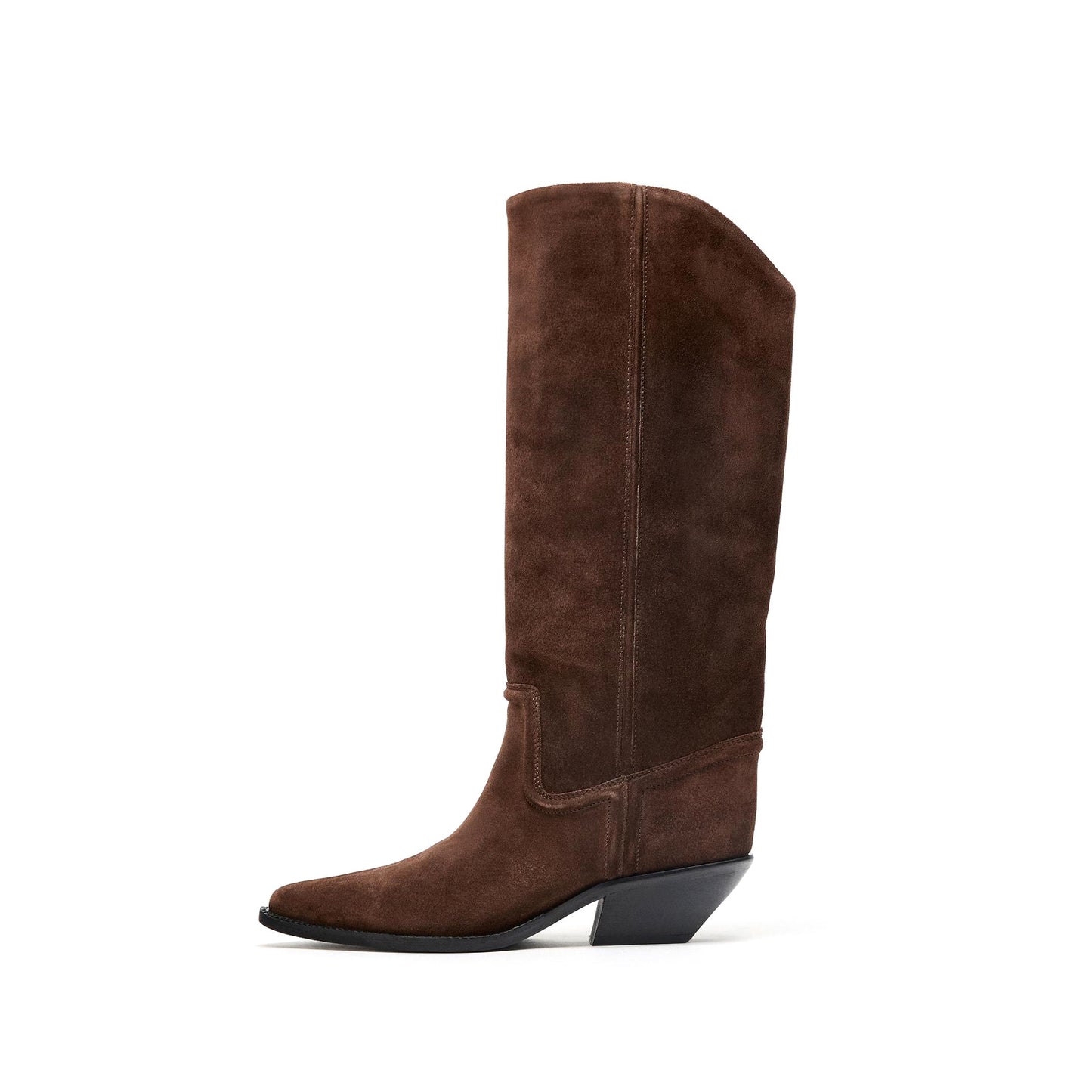 Brown Faux Suede Almond-Toe Simple Mid Calf Cowgirl Boots