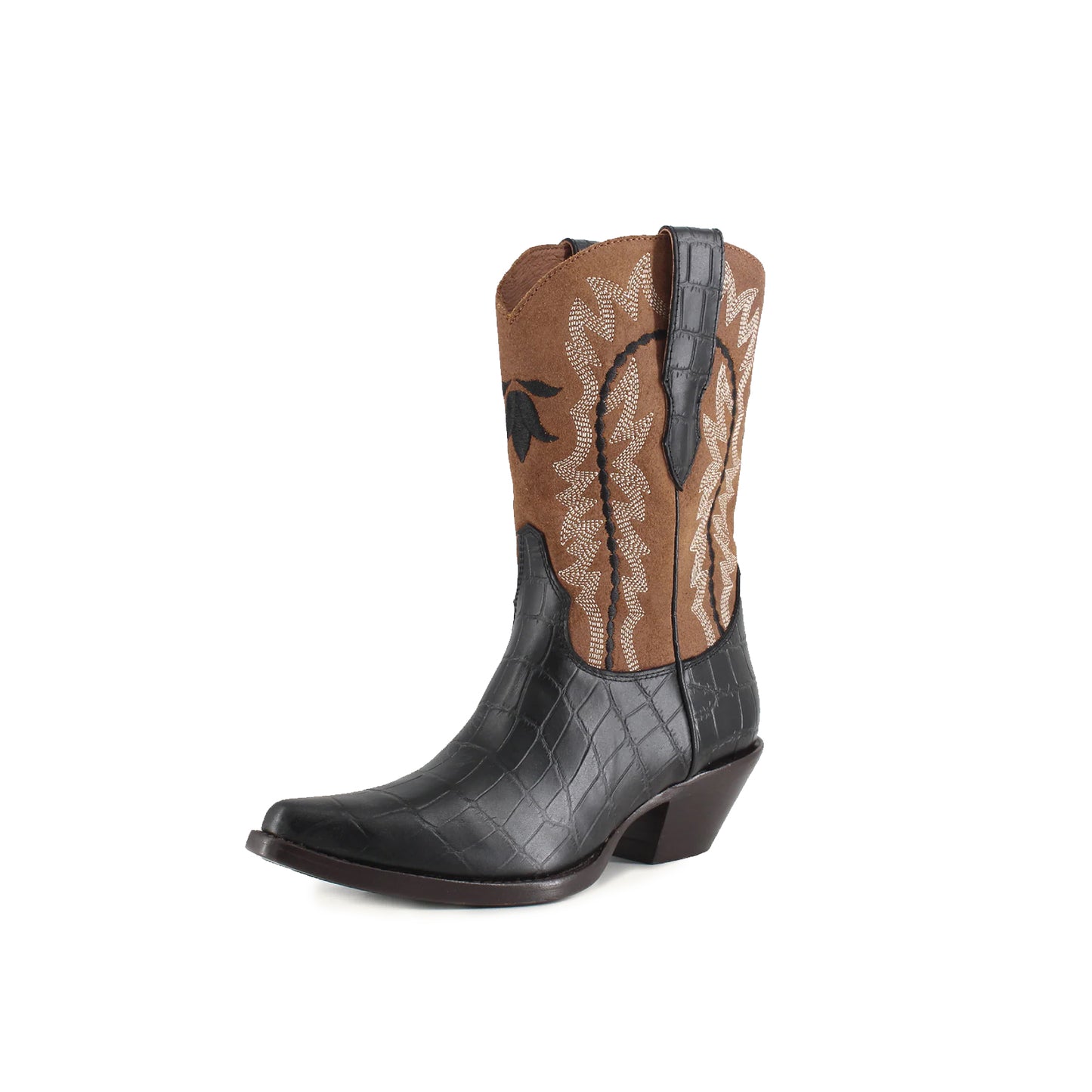 Contrast Tan And Black Snip-Toe Embroidery Mid Calf Cowgirl Boots