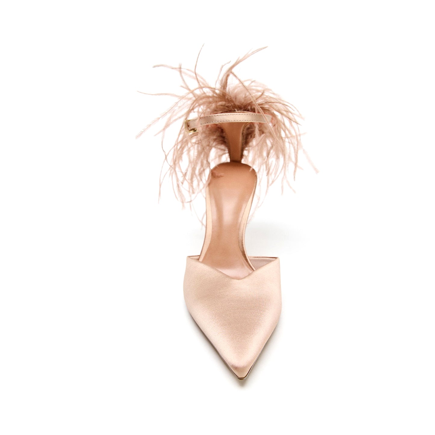 Beige Satin Pointed-Toe Ankle Strap Back Feather Stiletto High Heels