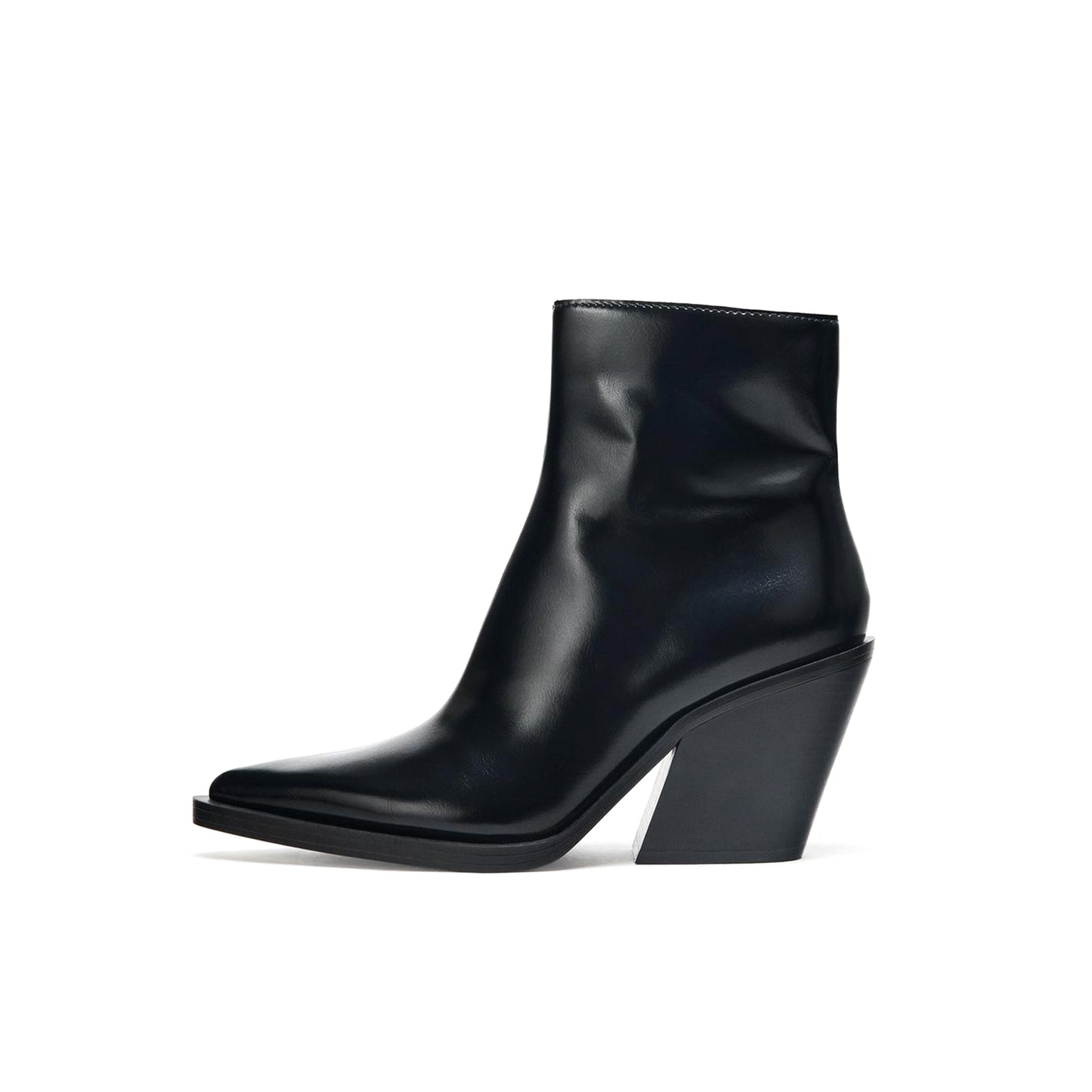 Black Pointed-Toe Full-Zip Simple Ankle Cowgirl Boots
