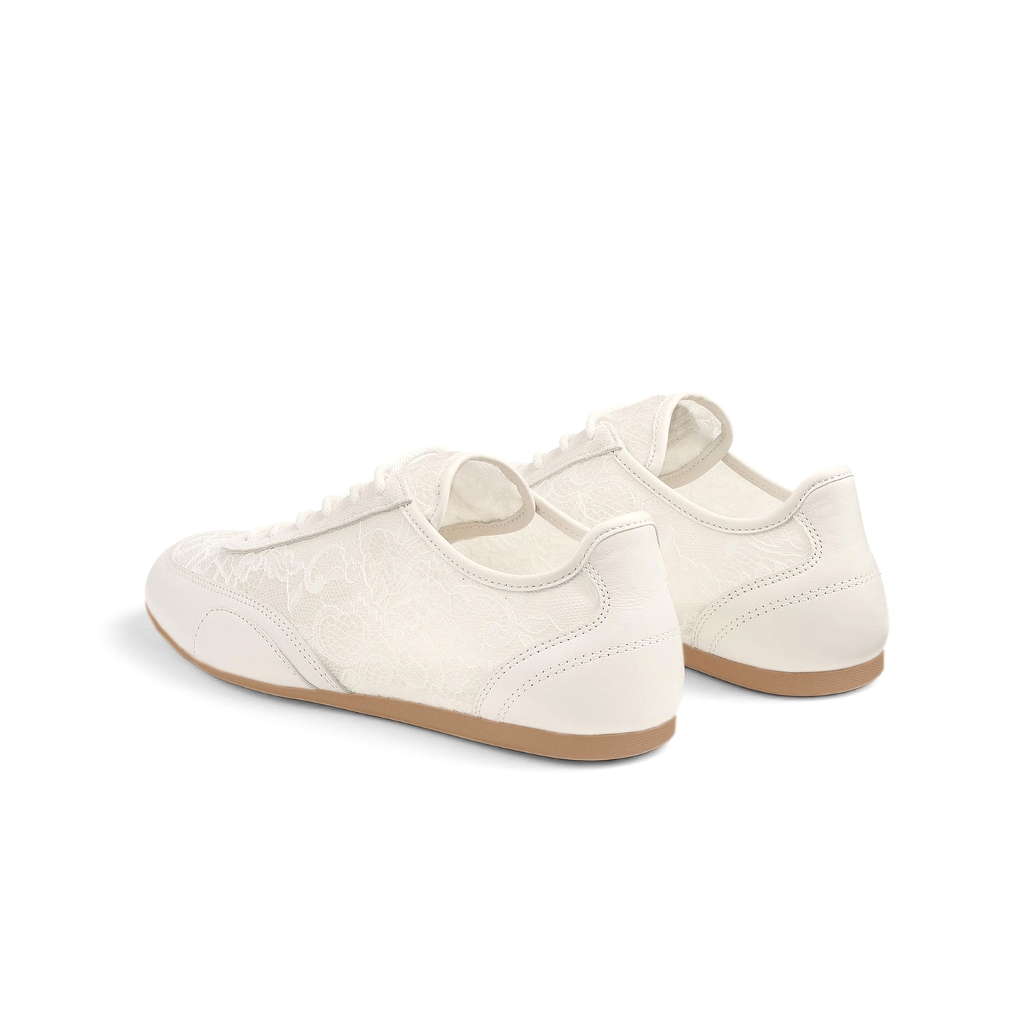 Ivory Faux Suede And Lace Mesh Round-Toe Lace-Up Sneakers Flats