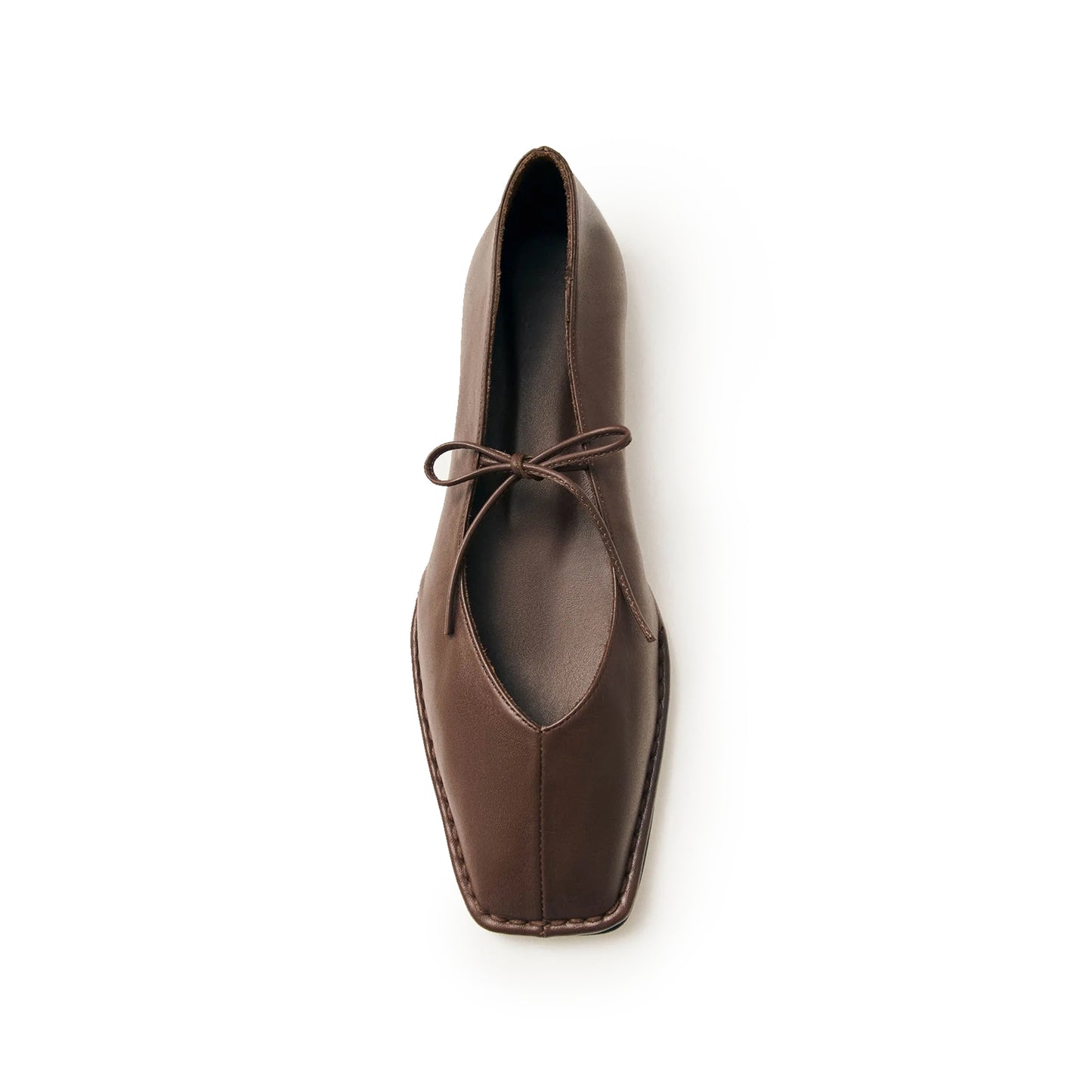 Brown Square-Toe V-Cut Vamps Bridge Self-Tie Bow Ballet Flats