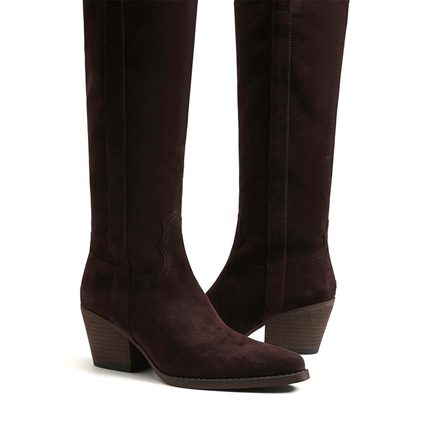 Chocolate Faux Suede Pointed-Toe Half-Zip Knee High Cowgirl Boots