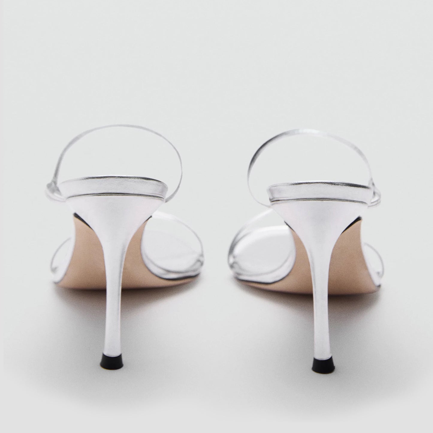 Metallic Silver Round-Toe Slip-On Sandals High Heels With Straps