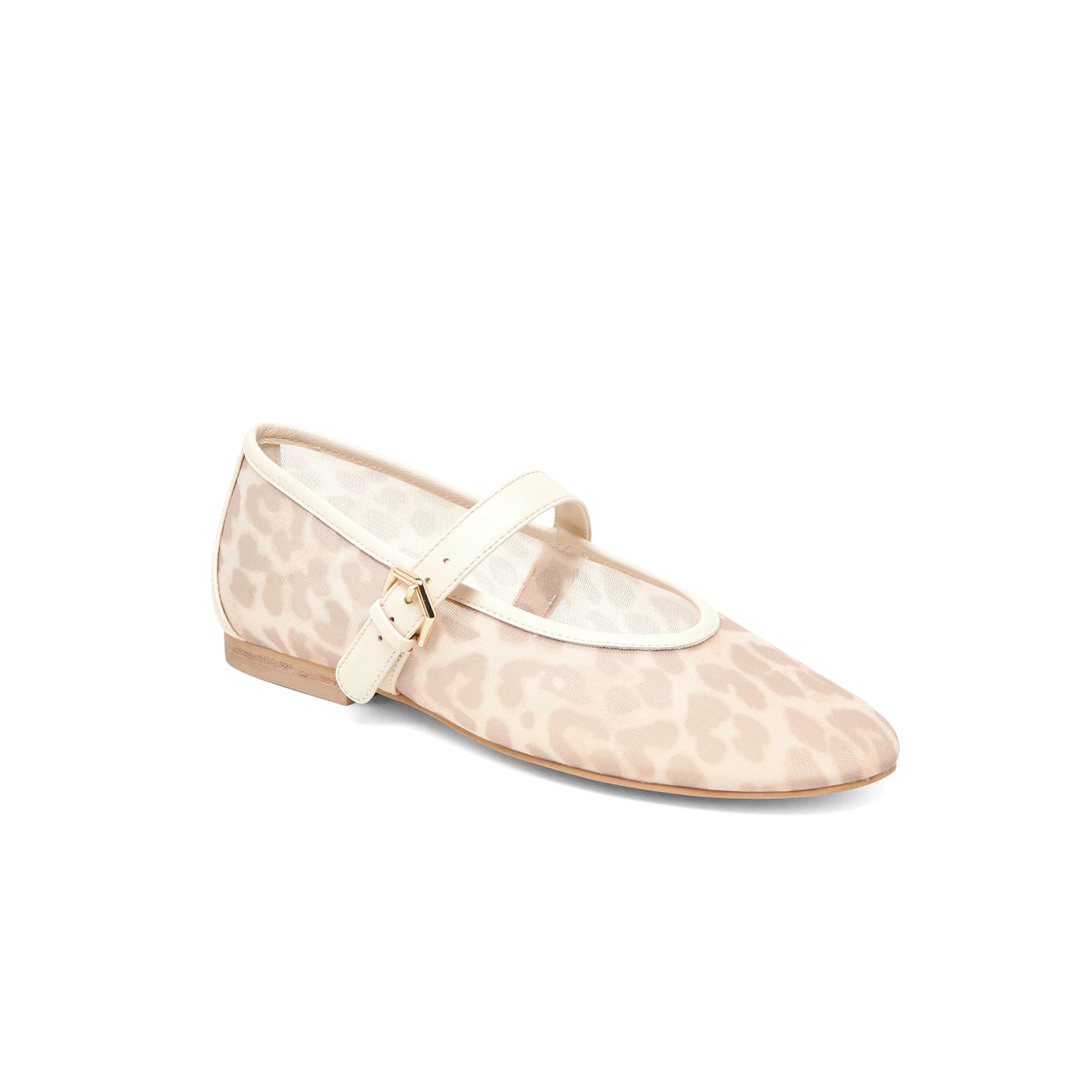 White Leopard Mesh Round-Toe Vegan Leather Bridge Strap Ballet Flats