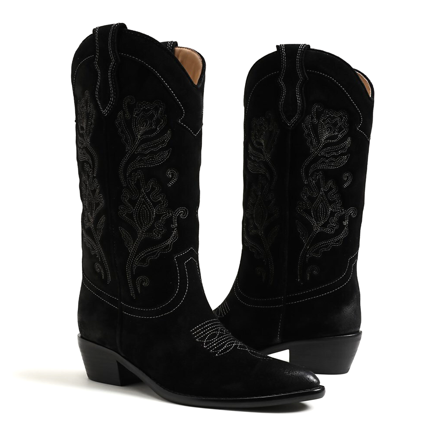Black Faux Suede Almond-Toe Flowers Embroidery Mid Calf Cowgirl Boots
