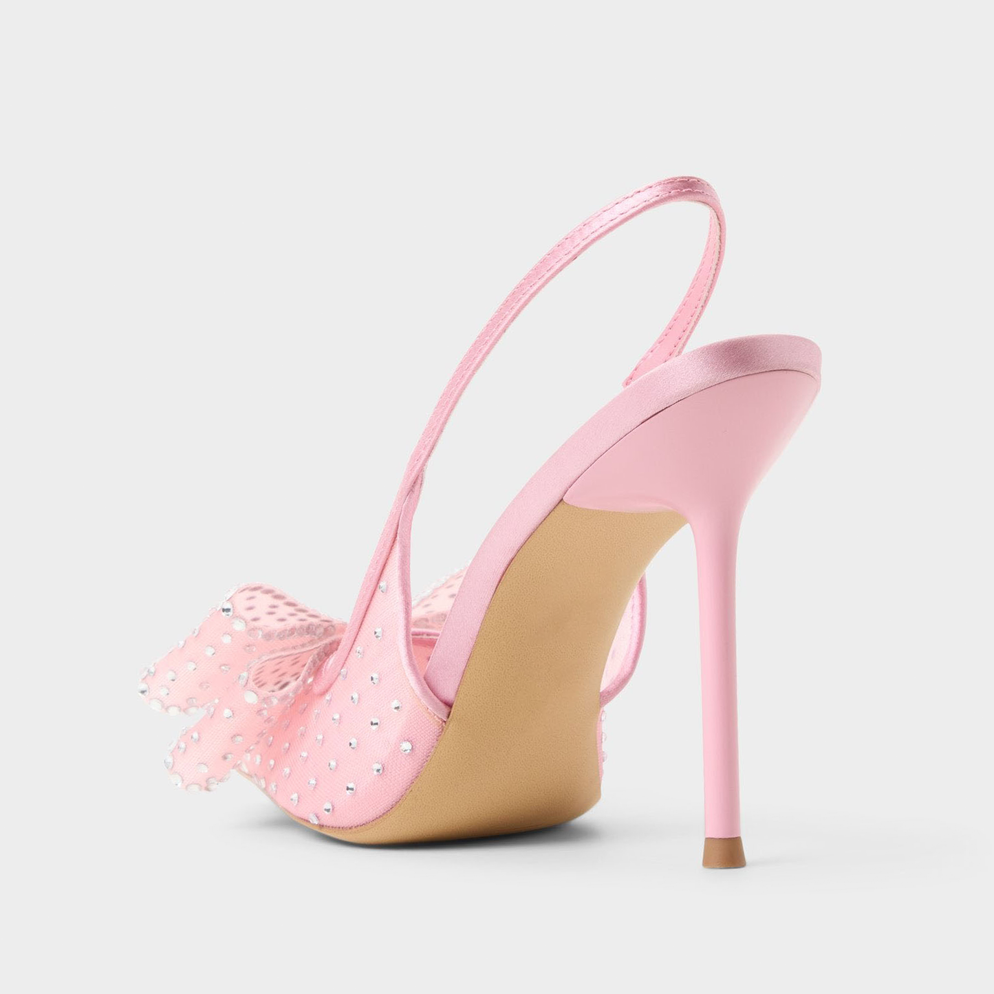 Pink Satin And Mesh Pointed-Toe Full Pearl And Front Bow Slingback High Heels