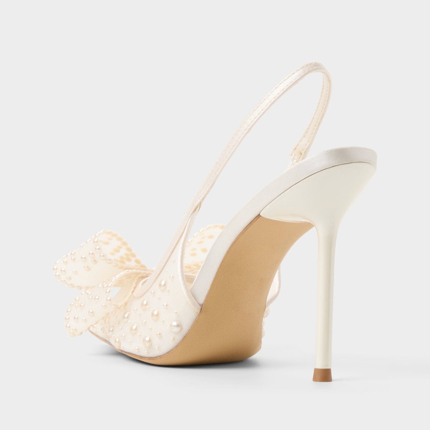 Ivory Satin And Mesh Pointed-Toe Full Pearl And Front Bow Slingback High Heels