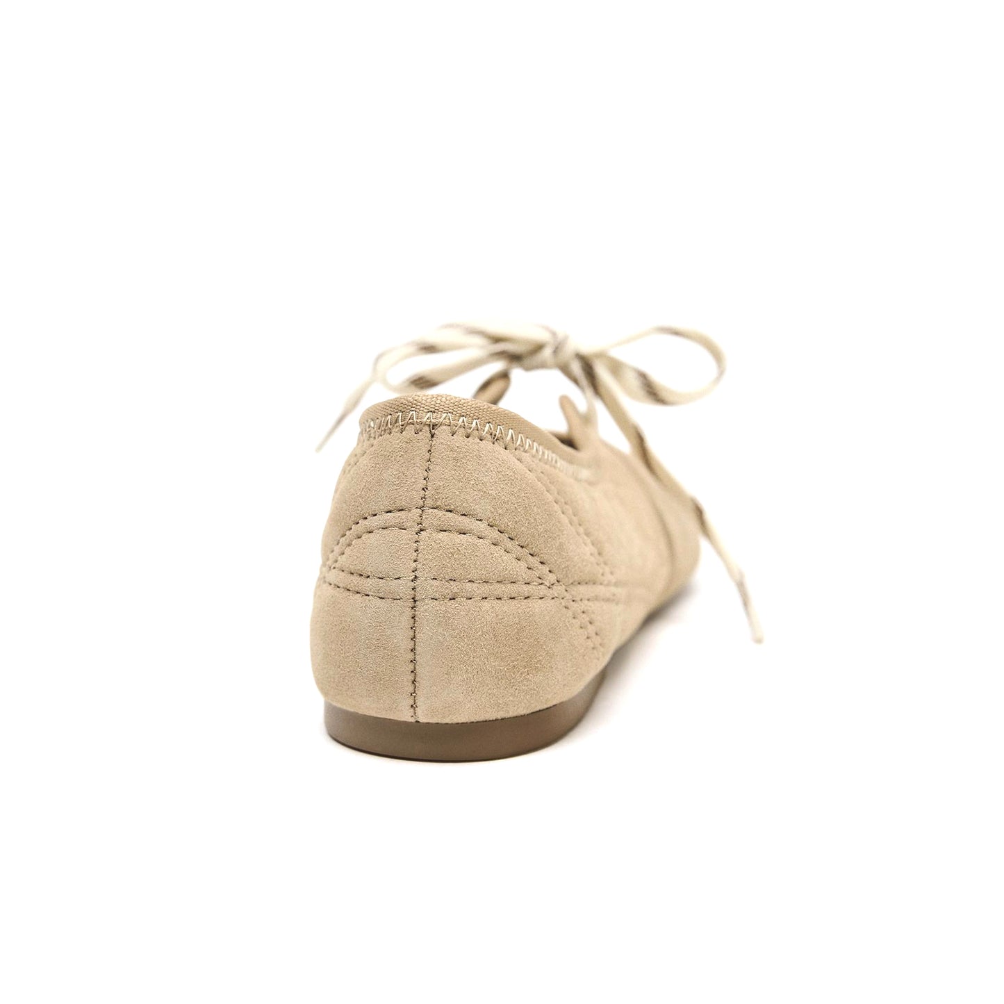 Sandy Brown Faux Suede Round-Toe Lace-up Closure Contrast Stitching Ballet Flats