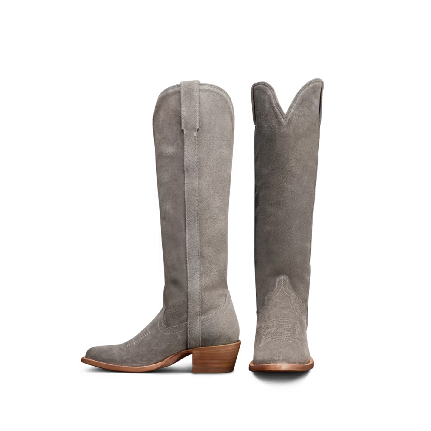 Charcoal Faux Suede Almond-Toe Embroidery Wide Calf Knee High Cowgirl Boots