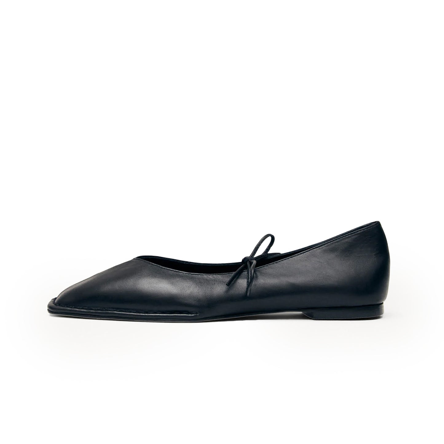 Black Square-Toe V-Cut Vamps Bridge Self-Tie Bow Ballet Flats