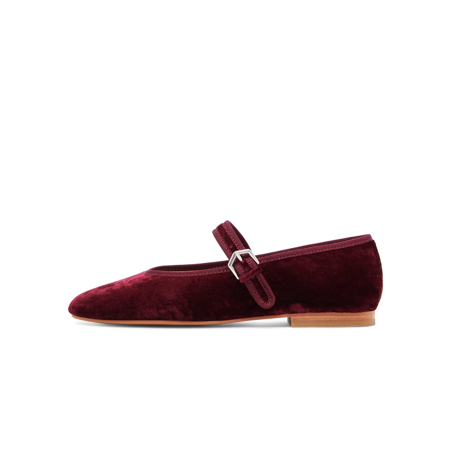 Wine Red Velvet Round-Toe Vegan Leather Bridge Strap Ballet Flats