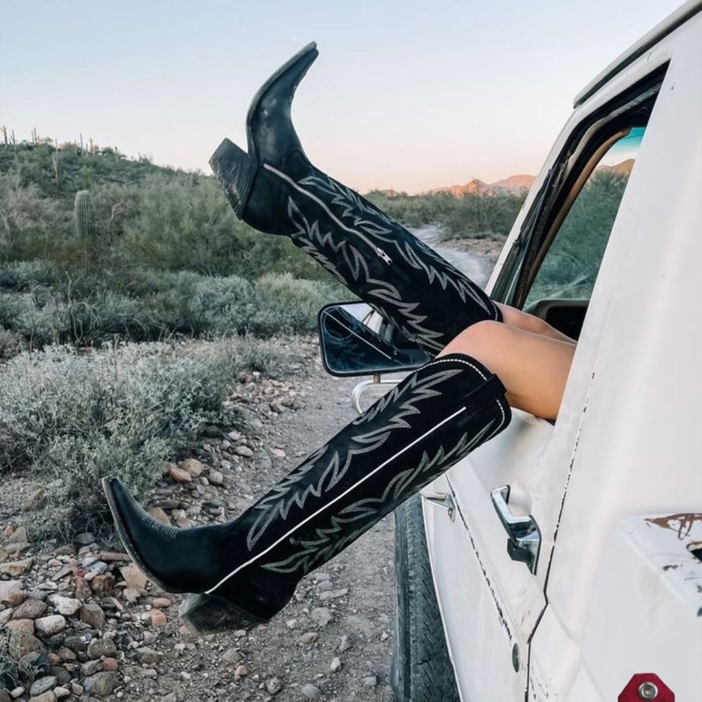 Dark Green Pointed-Toe Half-Zip Embroidery Knee High Cowgirl Boots