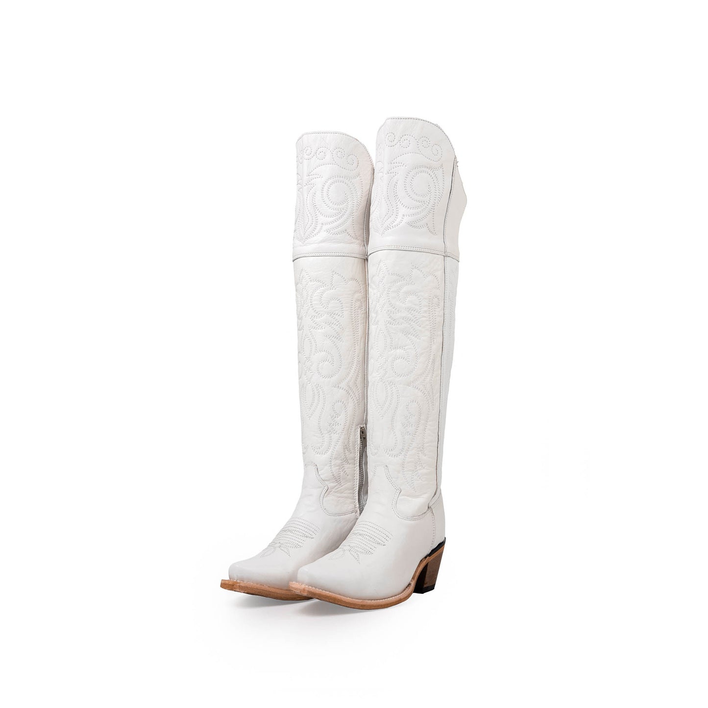 White Snip-Toe Classic Embroidery Half-Zip Over-The-Knee Cowgirl Boots