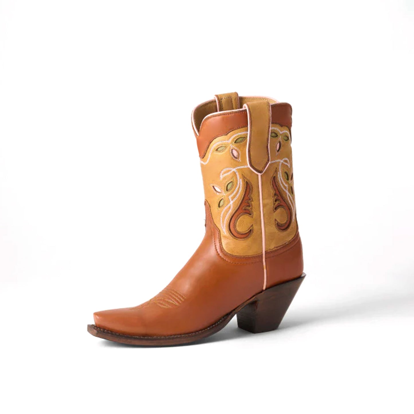 Contrast Tan And Cognac Snip-Toe Inlays Ankle Cowgirl Boots