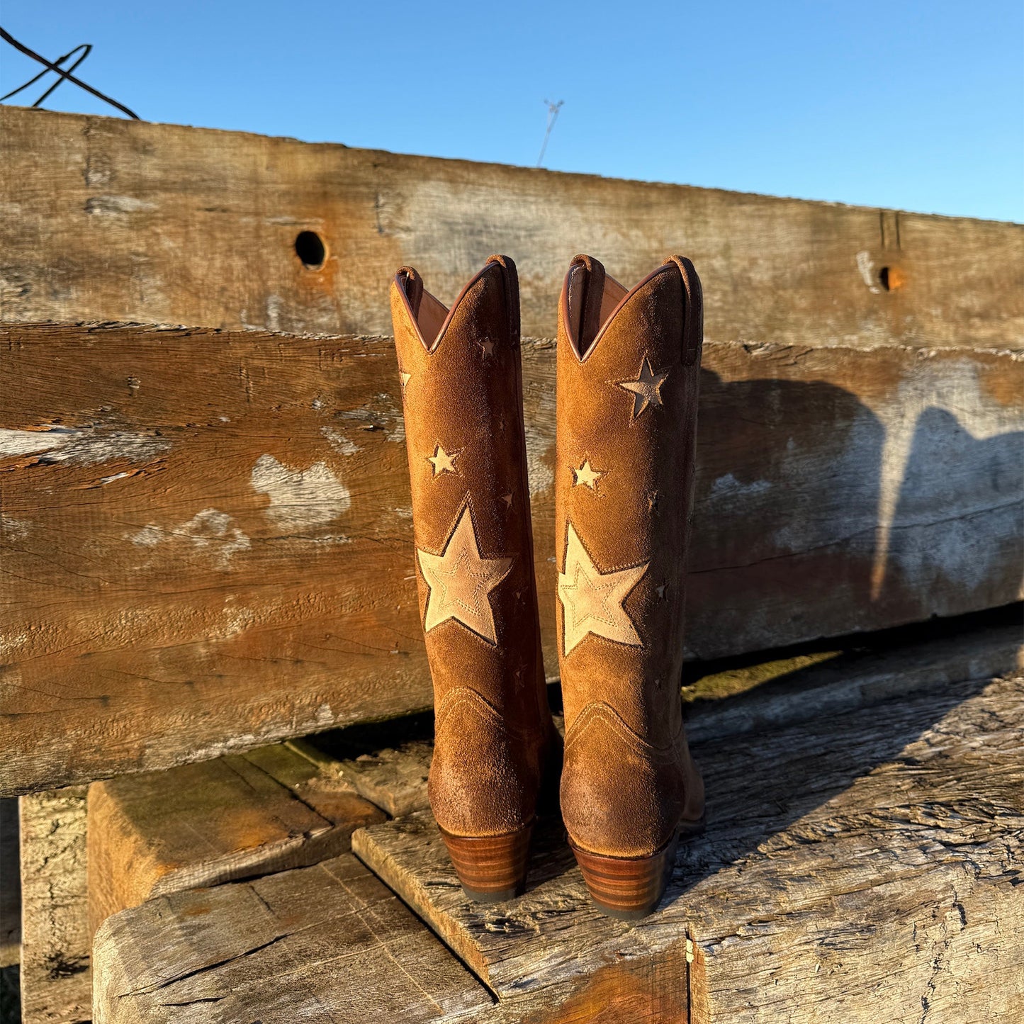 Brown Faux Suede Snip-Toe Chic Stars Inlay Mid Calf Cowgirl Boots