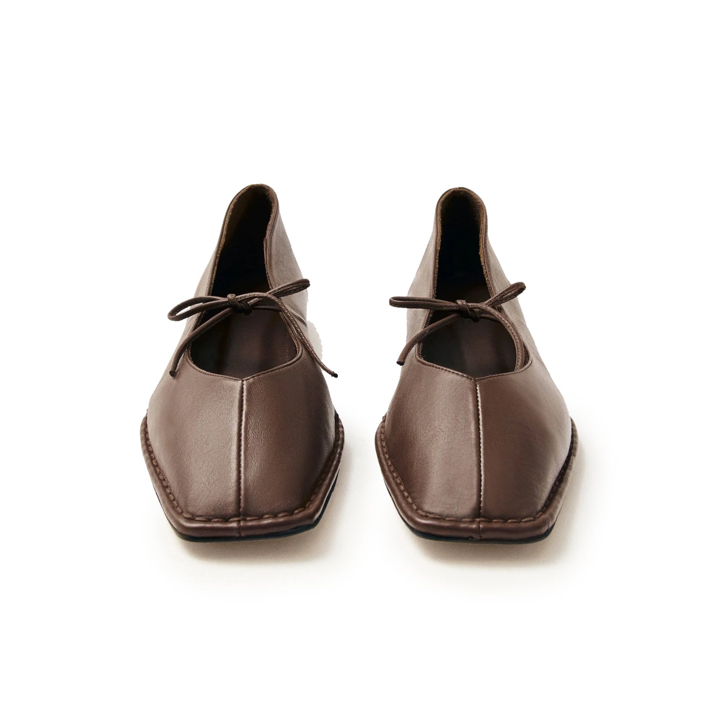 Brown Square-Toe V-Cut Vamps Bridge Self-Tie Bow Ballet Flats