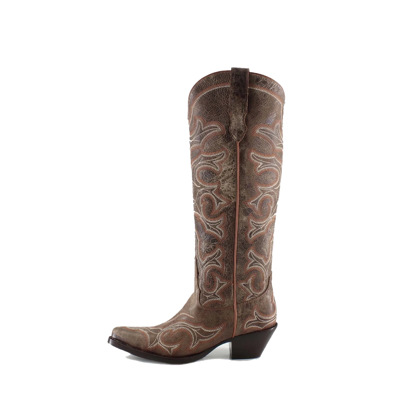Distressed Brown Snip-Toe Wide Calf Embroidery Knee High Cowgirl Boots