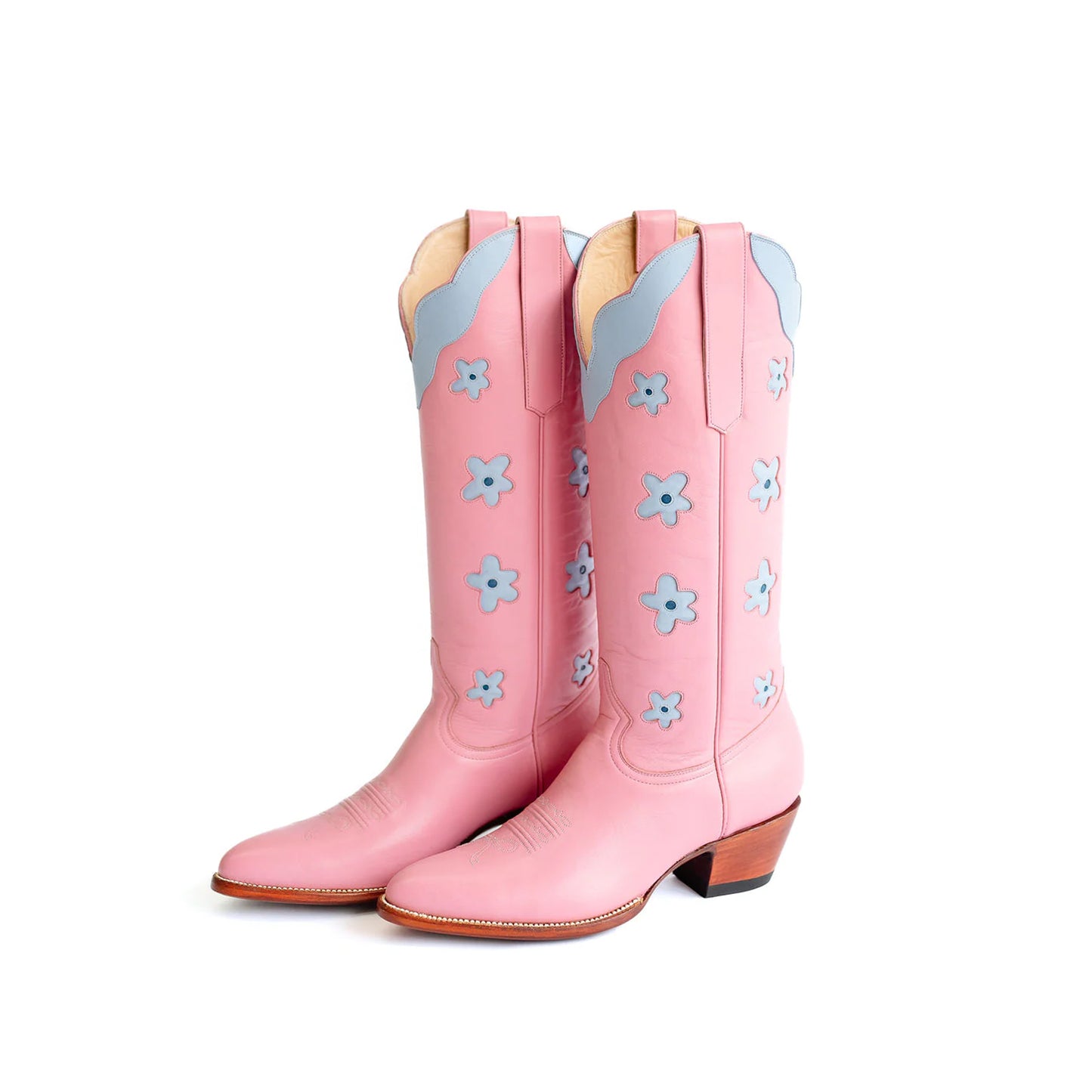 Pink Almond-Toe Powder Blue Flowers Inlay Wide Calf Knee High Cowgirl Boots