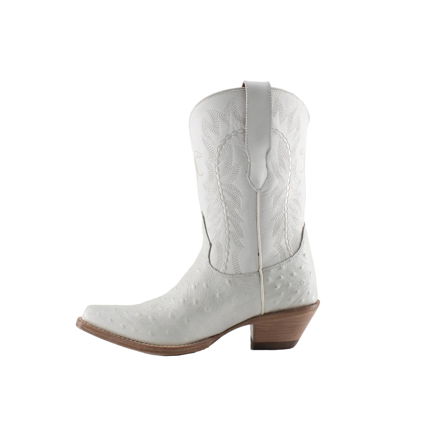 White Ostrich-Patterned Snip-Toe Embroidery Mid Calf Cowgirl Boots