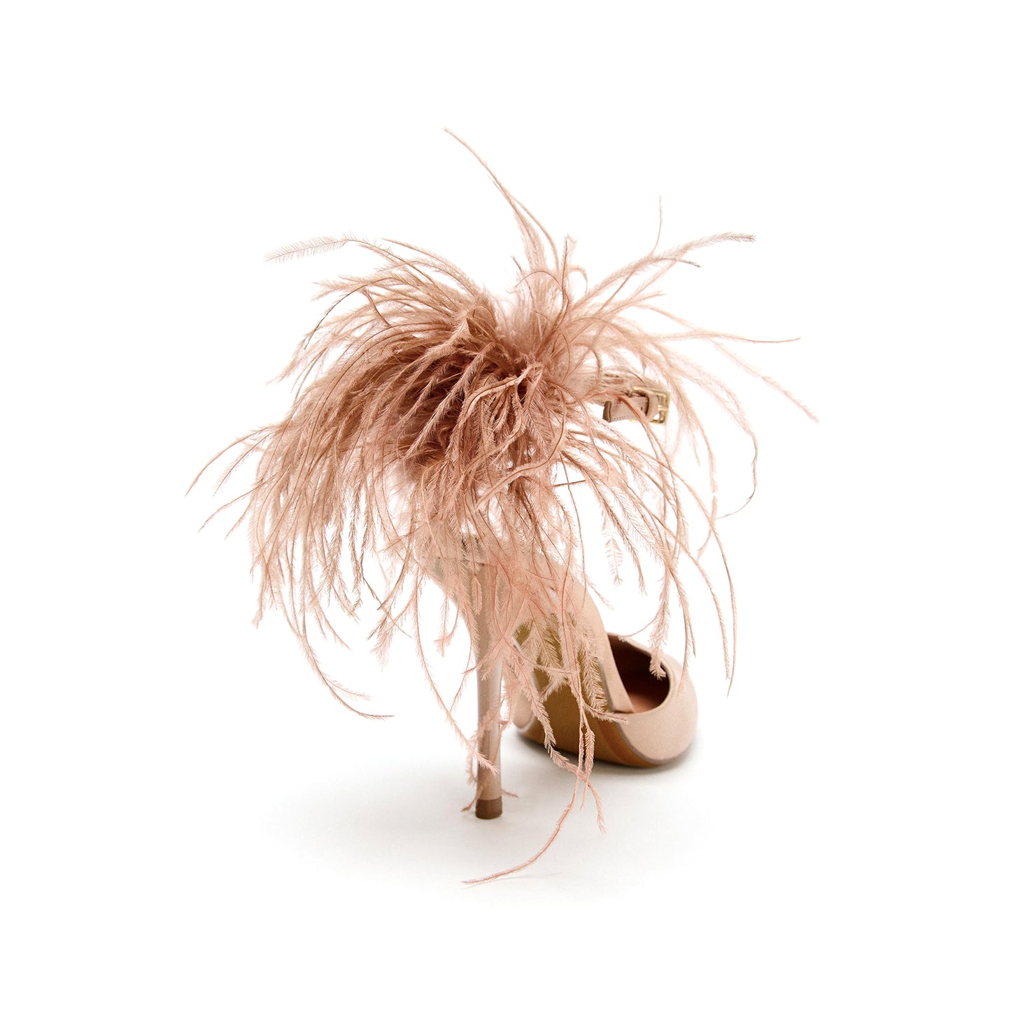 Beige Satin Pointed-Toe Ankle Strap Back Feather Stiletto High Heels