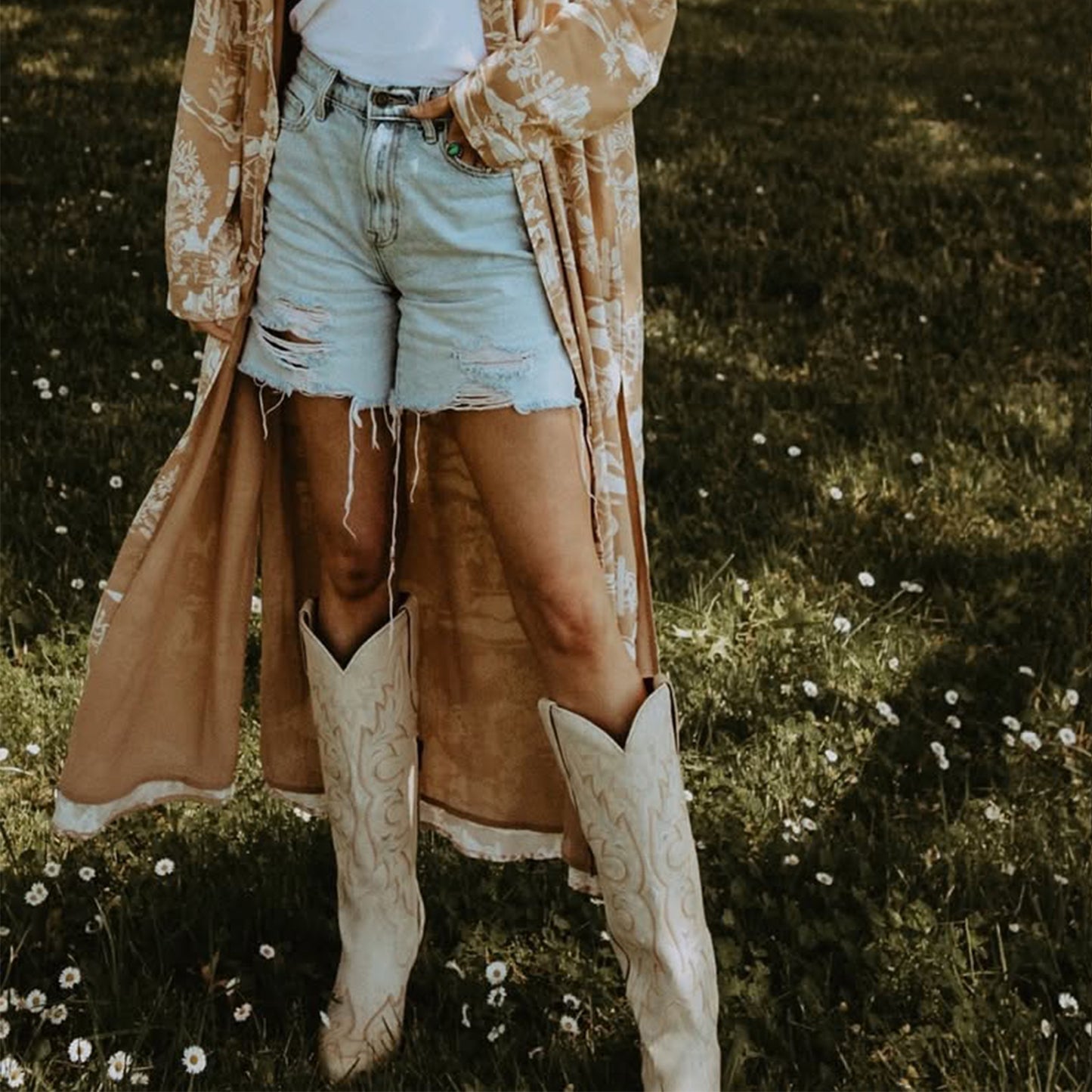 Ivory Snip-Toe Chic Embroidery Half-Zip Knee High Cowgirl Boots