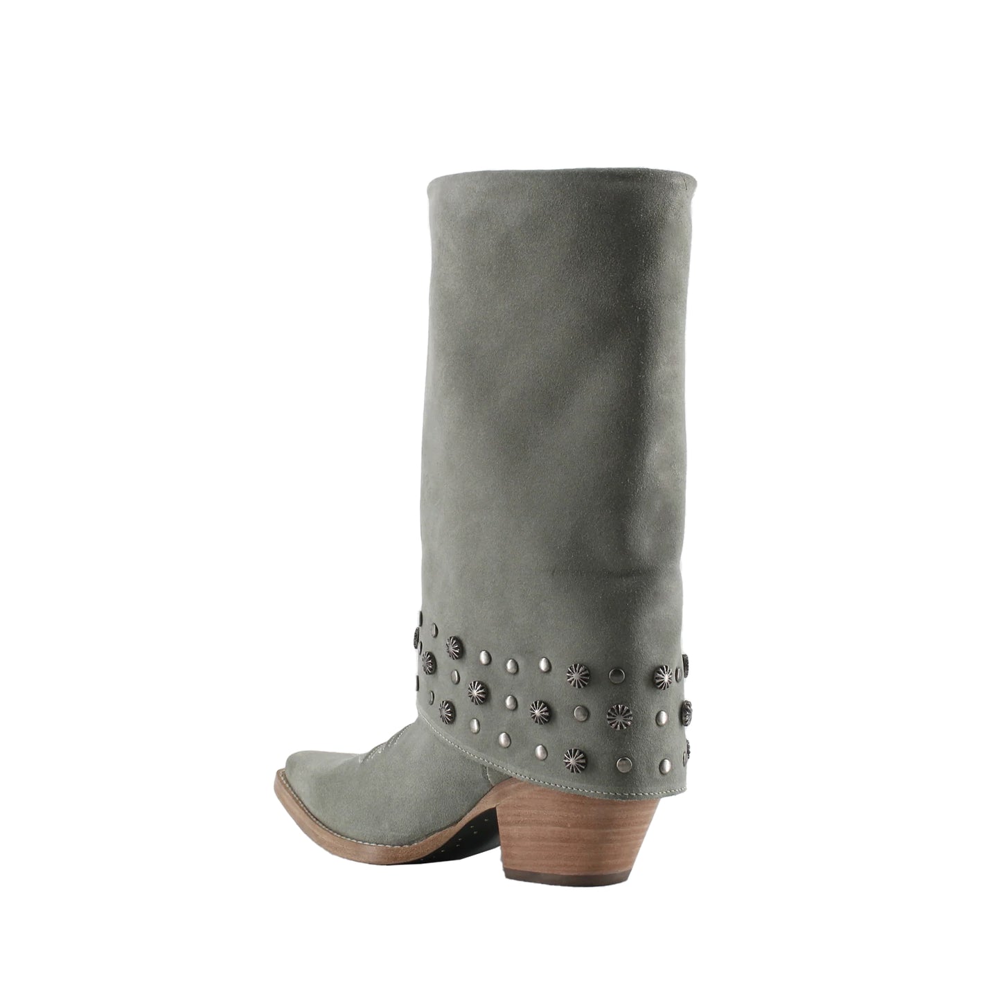 Gray Faux Suede Snip-Toe Studded Fold-Over Full-Zip Mid Calf Cowgirl Boots