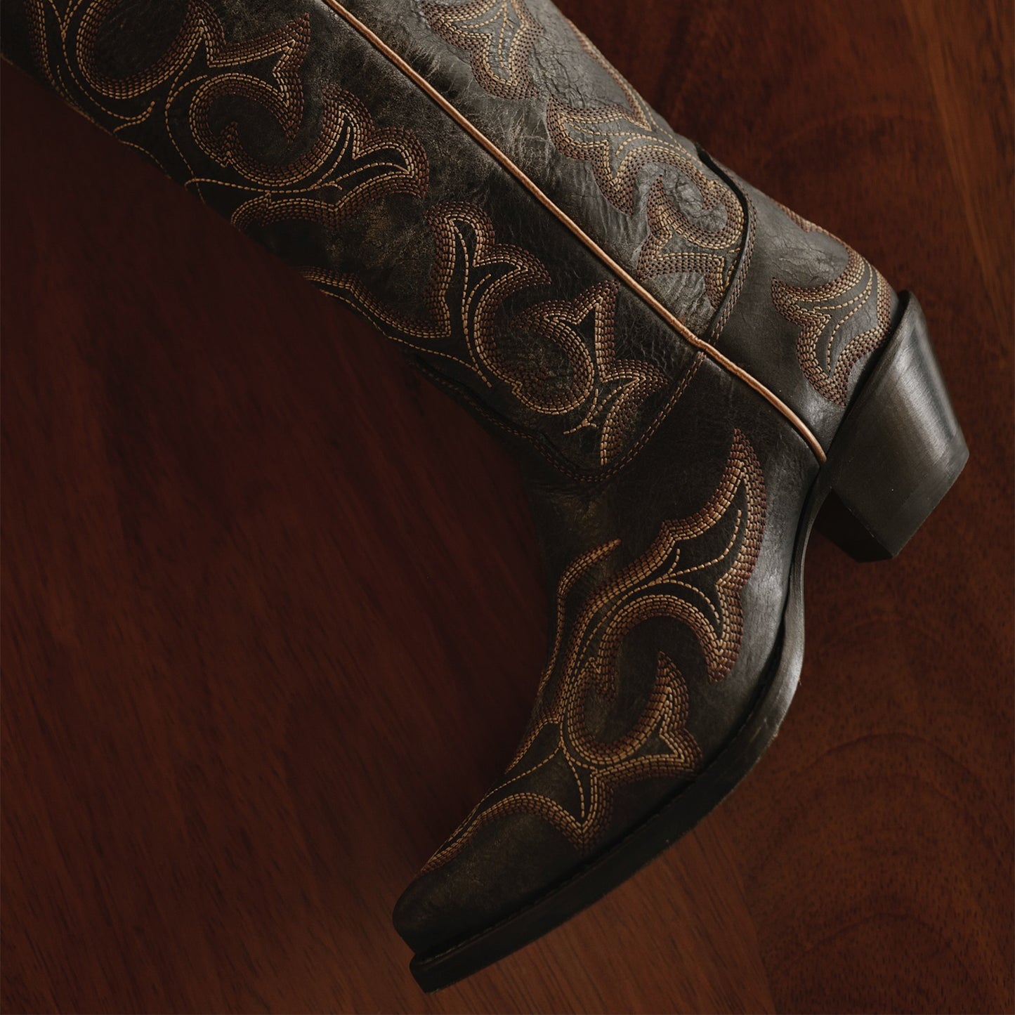 Distressed Black Snip-Toe Wide Calf Embroidery Knee High Cowgirl Boots